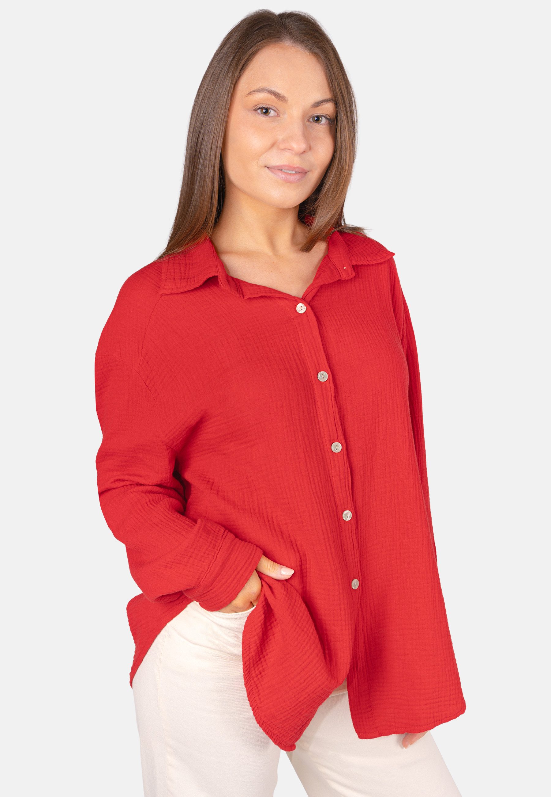 Seasons of April Hemdbluse Oversized Musselinbluse Sasha (1-tlg) Kurze Musselin Hemdbluse mit Knopfverschluss aus 100% Baumwolle