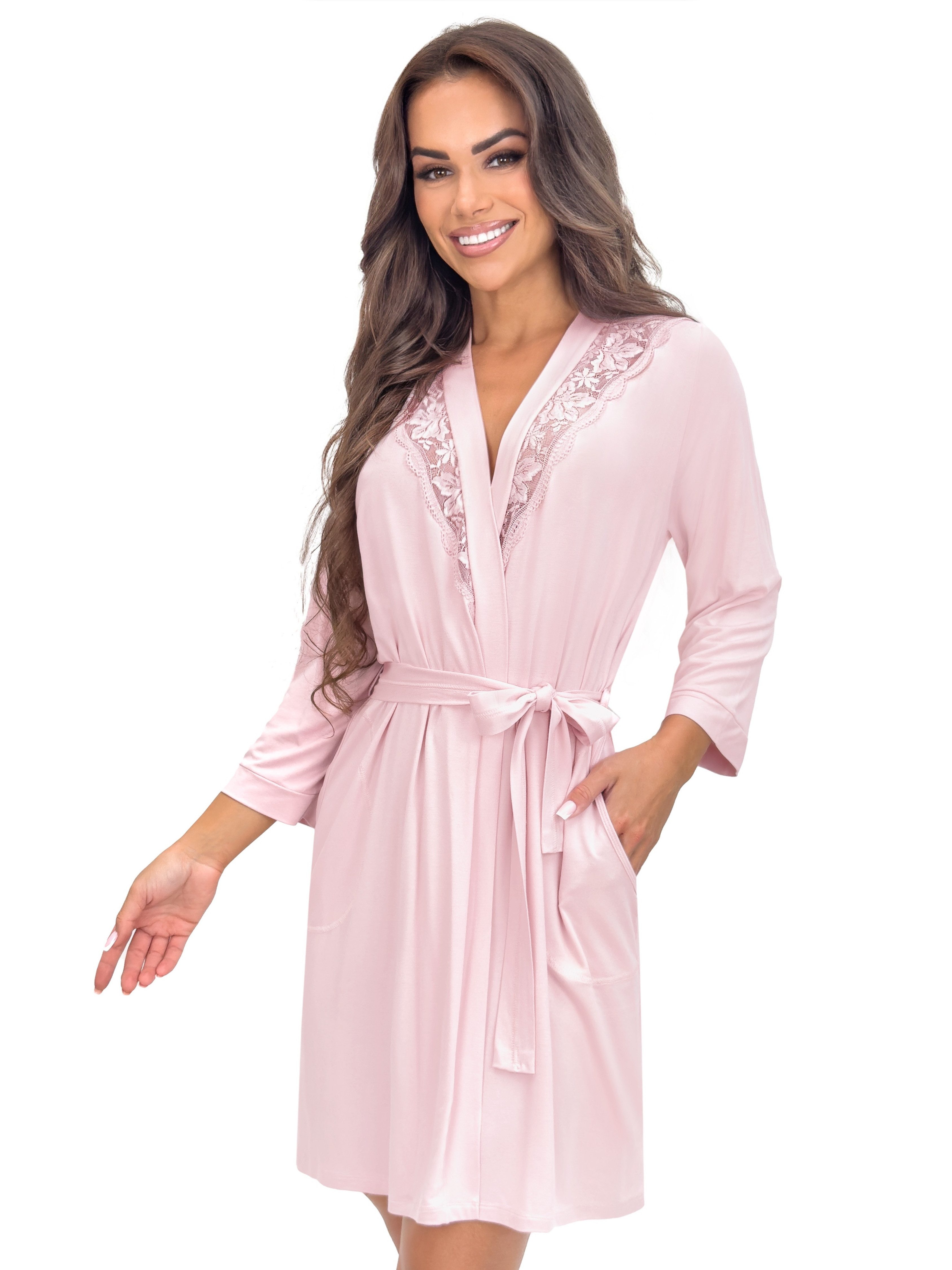 Donna Morgenmantel Kimono mit 3/4 Arm, Viskose-Elasthan, Schalkragen, Bindegürtel, mit Spitzenapplikation, edle Viskose-Qualität