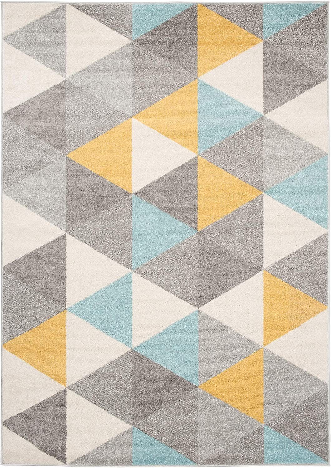 Gemustert Mazovia, Geometrisch, LAZUR_Geometric, Grau-Gelb-Türkis Kurzflor, Teppich 80x150, Modern,