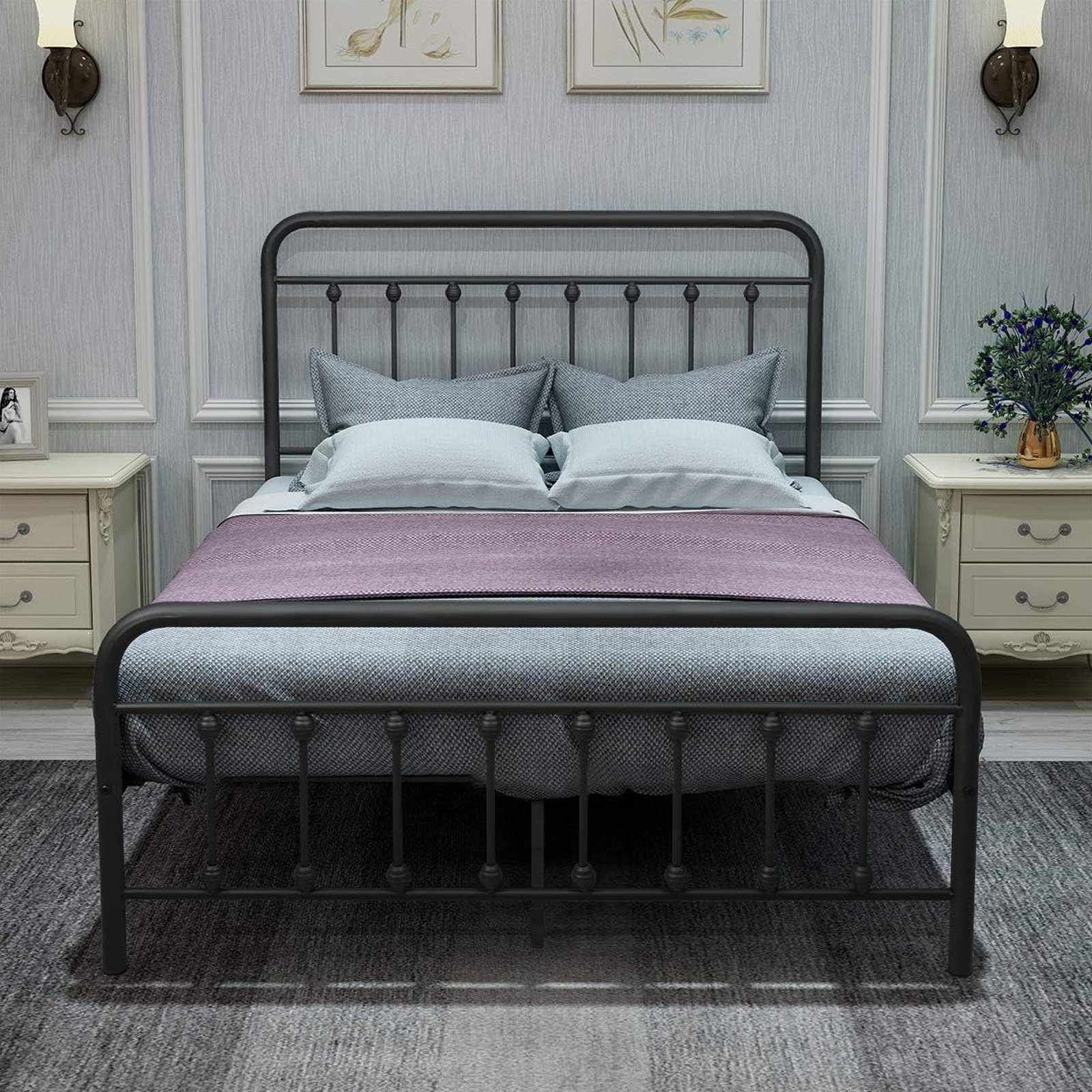 OKWISH Metallbett Bett Tagesbett Eisenbett Doppelbett (Modern Gästebett Jugendbett, Bettrahmen Metallbett Bettgestell aus Metall mit Lattenrost), ohne Matratze schwarz