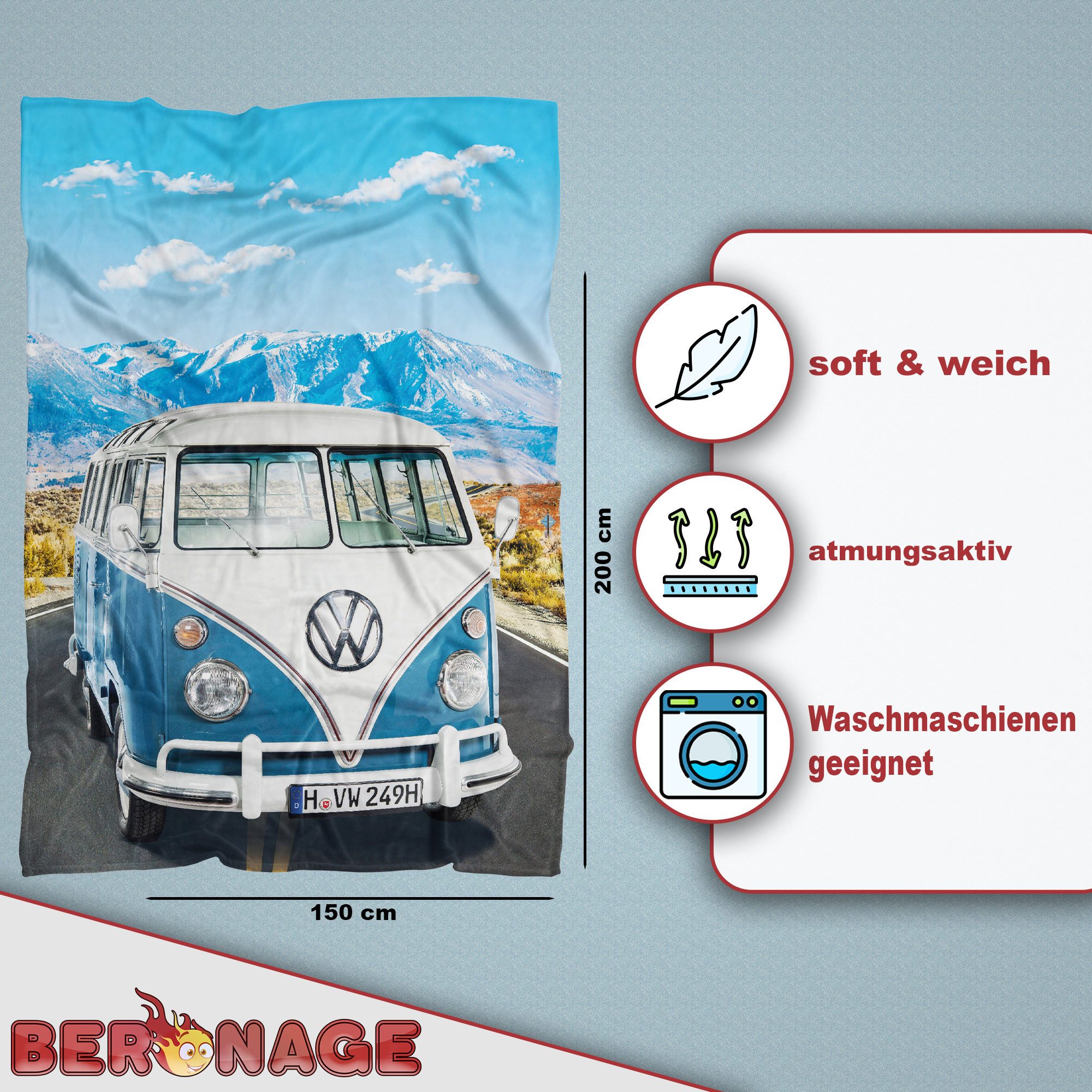 BERONAGE Tagesdecke Volkswagen Decke VW Bulli T1 Adventure Blau 150x200 cm günstig online kaufen