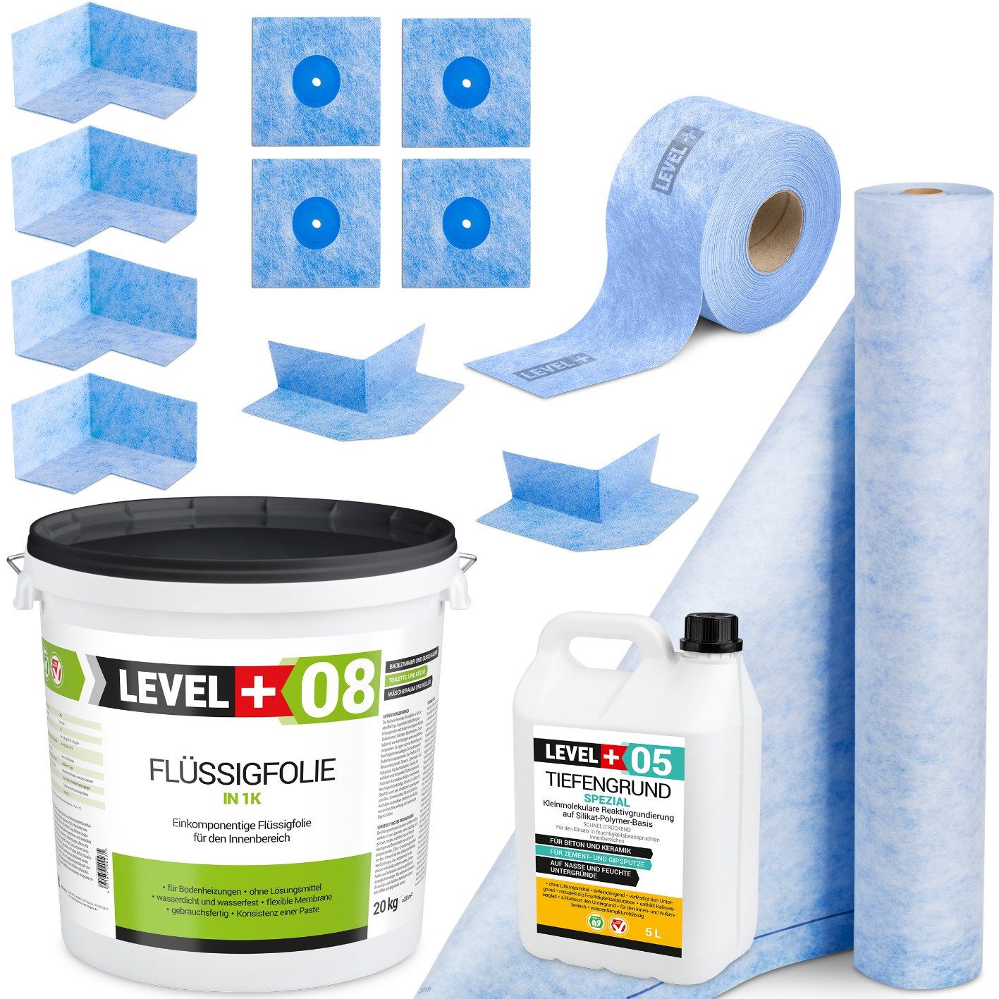 Level+ Dichtstoff Dichtset für Duschabdichtung Bad Dichtband Flüssigfolie 20kg SET45
