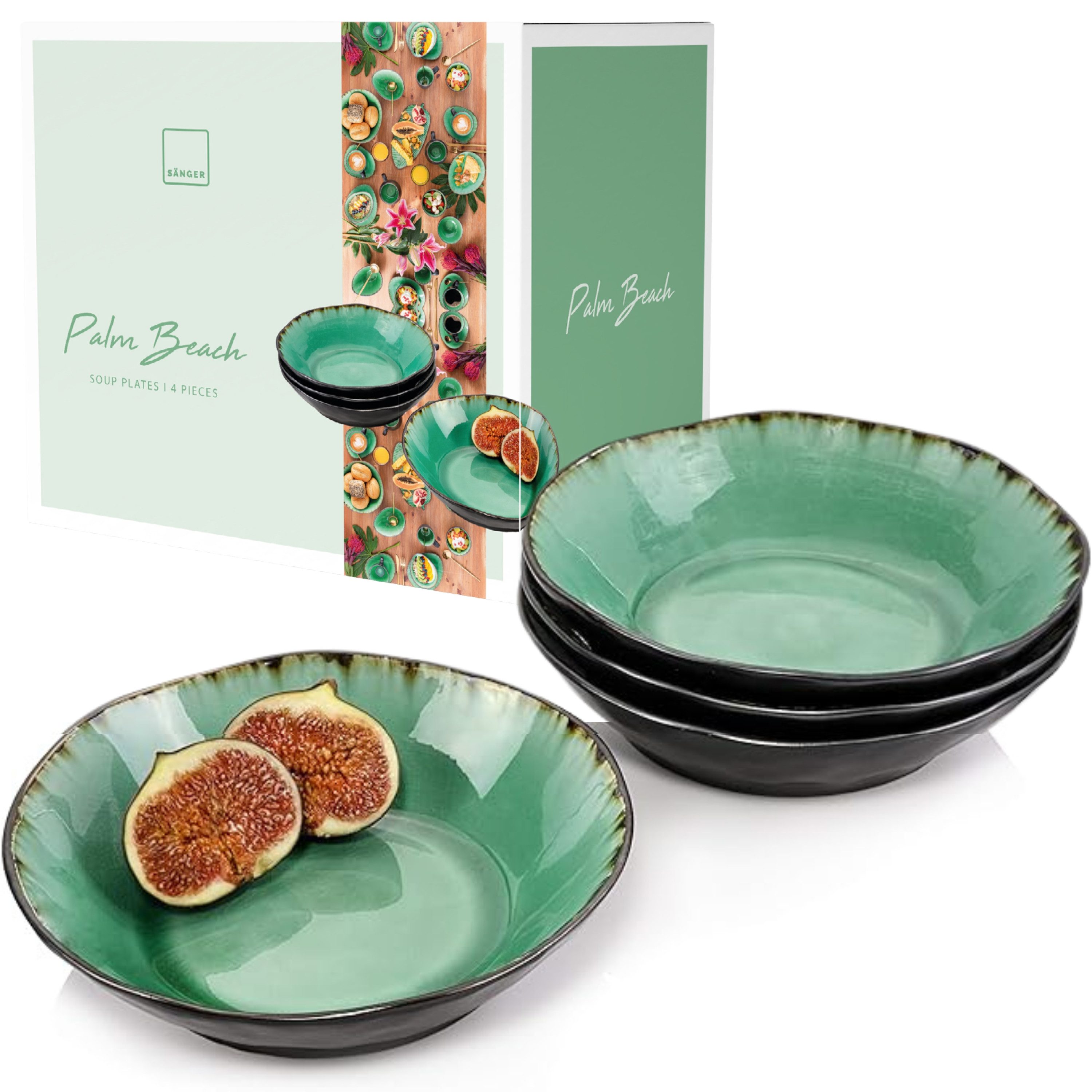 SÄNGER Suppenteller Set Palm Beach, Grün Schwarz, (4 St), Ø19x5cm, 600 ml, Handmade, Premium Collection