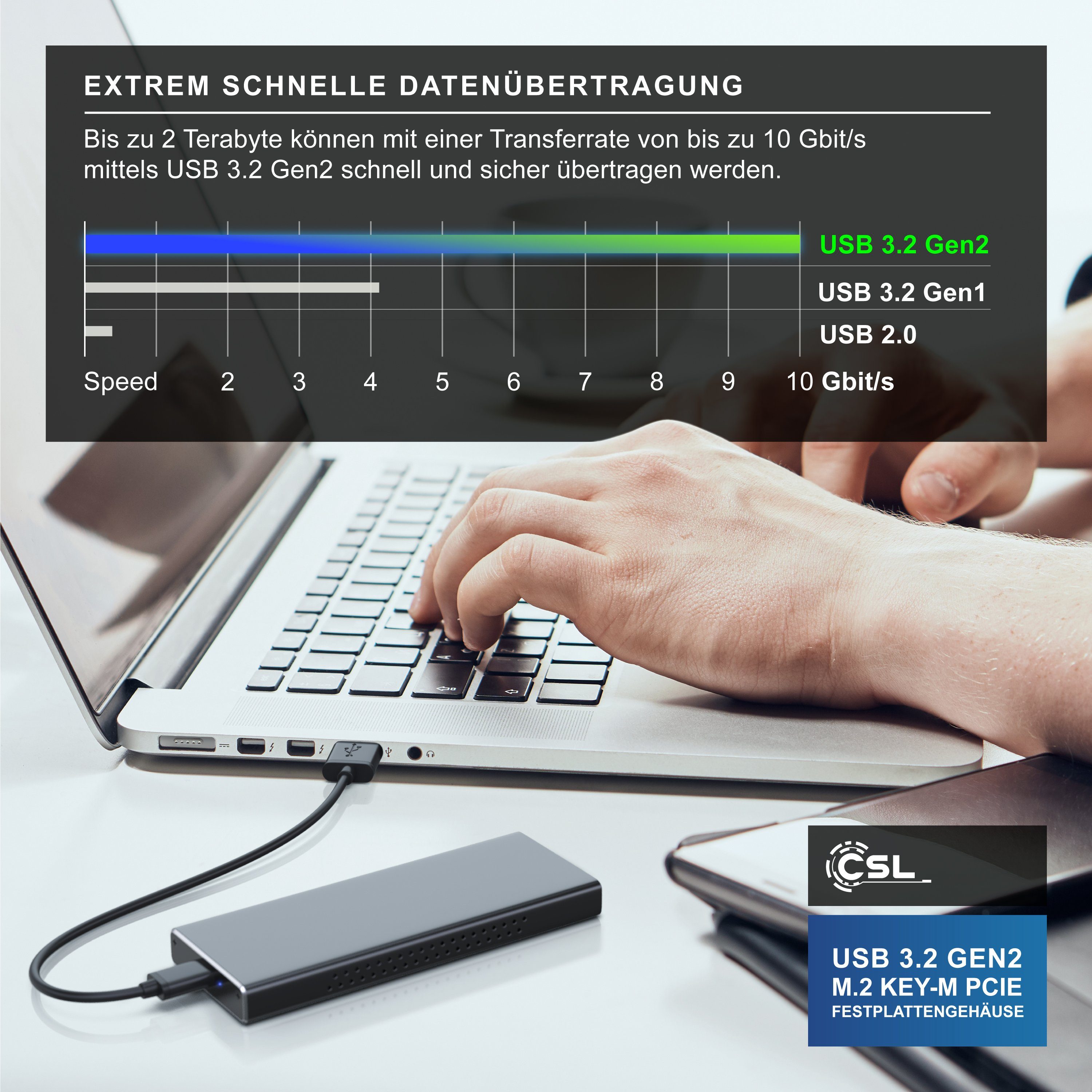 CSL Festplatten-Gehäuse für NVME M.2 SSDs, USB 3.2 Gen2 Festplattengehäuse aus Aluminium, (1 St), M.2 Key-M PCIe extern, unterstützt UASP, Plug & Play, Typ C au – Bild 4 von 5