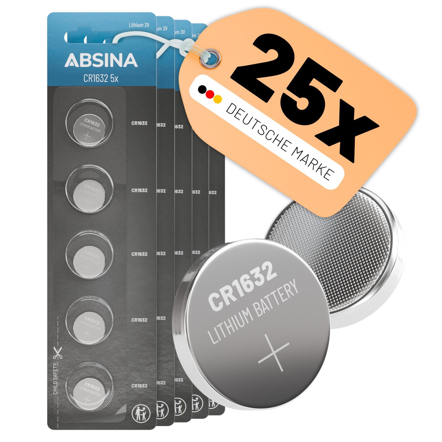 ABSINA CR1632 3V Lithium Knopfzelle 25er Pack - Batterien für Autoschlüssel Knopfzelle, (5 St)