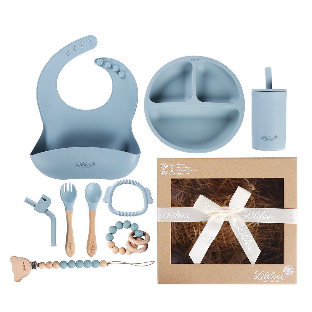 Lililove Geschenkset Neugeborenen-Geschenkset Fine Dining Box Blau (Baby/  Kleinkinder Geschirr Set 9-teilig) Aus 100% Silikon in  Lebensmittelqualität, antibakteriell