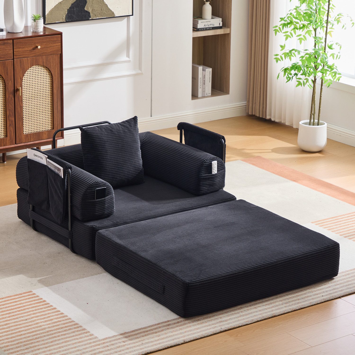 ANYSUN Loungesofa Sessel Schlafsessel, Klappsessel mit Bettfunktion, Einzelsofa, Cord-Kompressionssessel mit stabilem Metallrahmen, Inkl. Seitentasche & Kissen, frei kombinierbar – für Wohnzimmer, Schlafzimmer