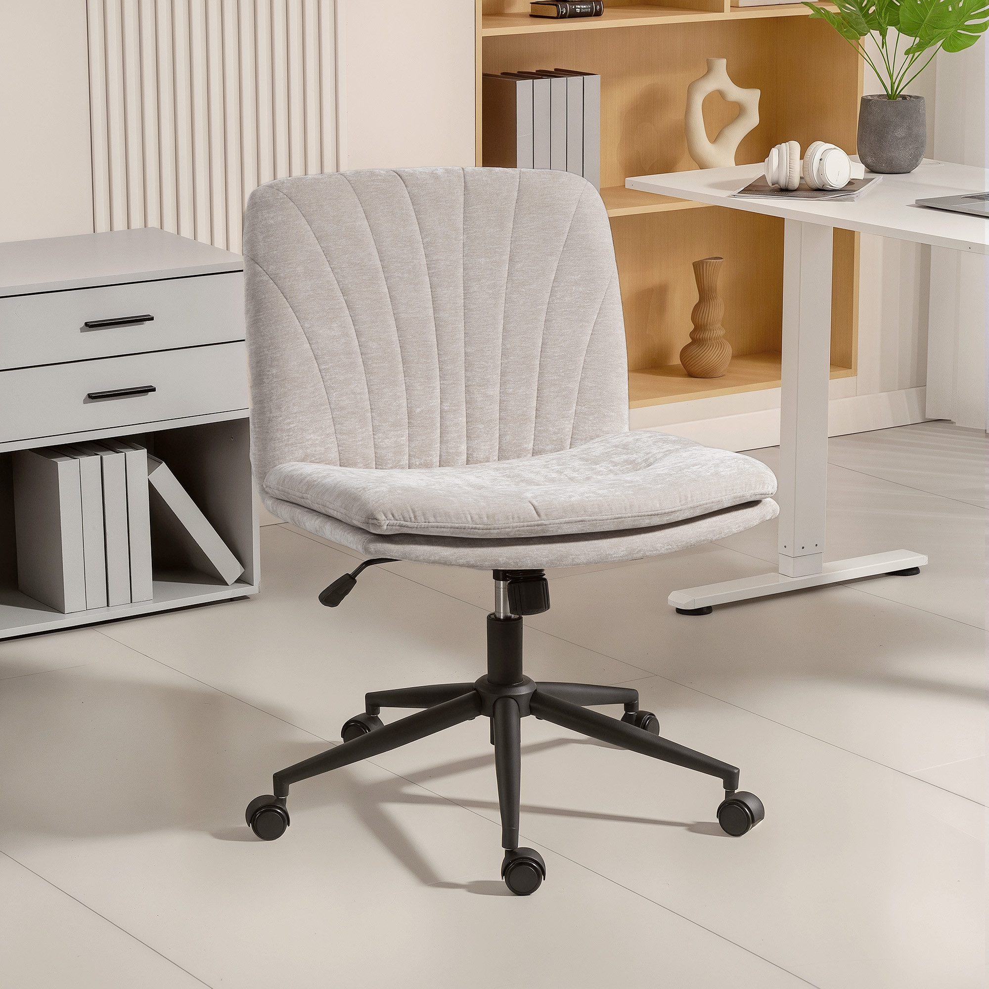 HOMCOM Bürostuhl Höhenverstellbar Homeoffice Stuhl Schreibtischstuhl mit Leinenoptik (Schminkstuhl, 1 St), für Arbeitszimmer, Schlafzimmer, Beige