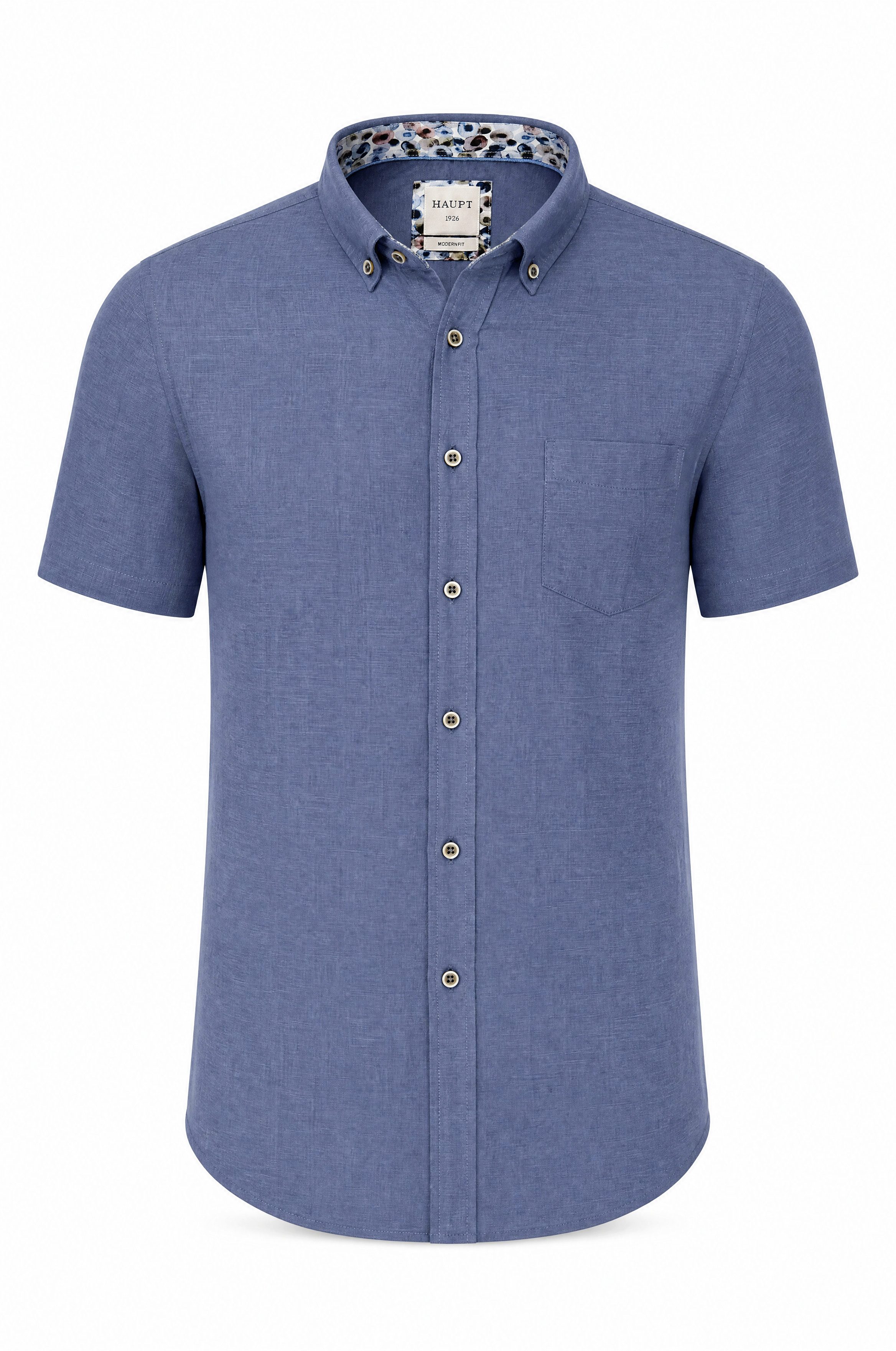 Haupt Kurzarmhemd Kurzarm Herrenhemd aus Baumwolle-Leinen Navy Modern Fit Sommer