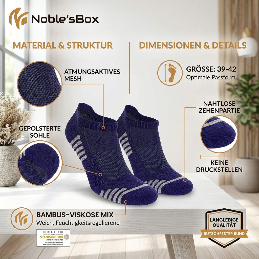 NoblesBox Sneakersocken Sportsocken - Kurzsocken - Laufsocken - Unisex Socken (Box, 6-Paar, 39-42 EU Größe) Bambussocken