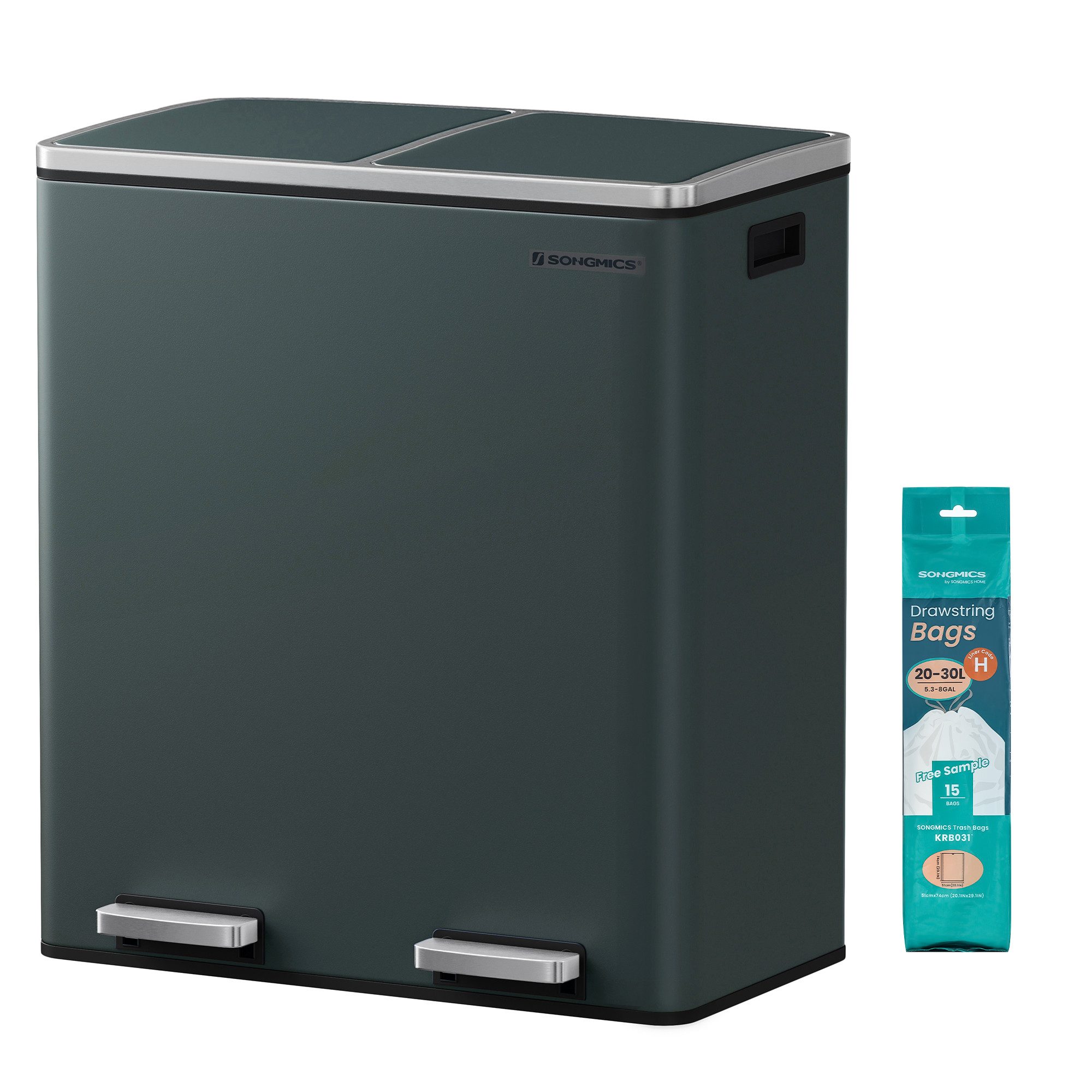 SONGMICS Mülleimer 60L, 2 Fächer, Mülltrennsystem, Treteimer, 15 Müllsäcke, 2x30L, Inneneimer aus Kunststoff, Klappdeckel, Softclose, luftdicht
