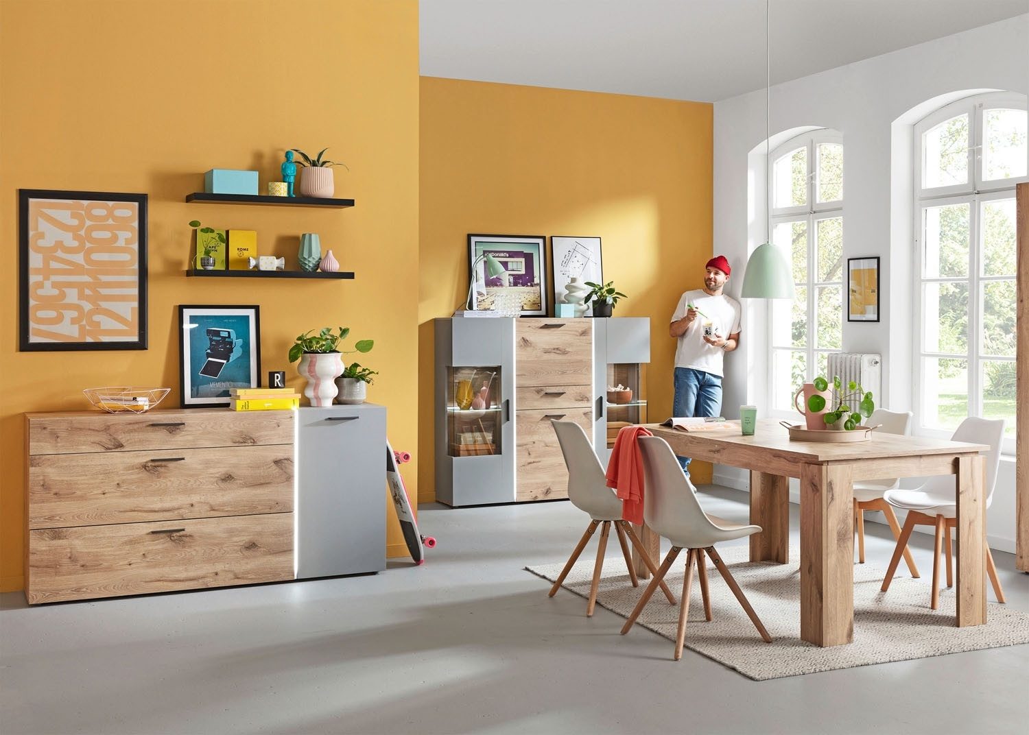 LIV'IN Sideboard BAVENO, Hellgrau, Nox Eiche Dekor, 1 Tür, 3 Schubladen, Soft-Close, LED-Frontbeleuchtung, B 166 x H 82 x T 40 cm