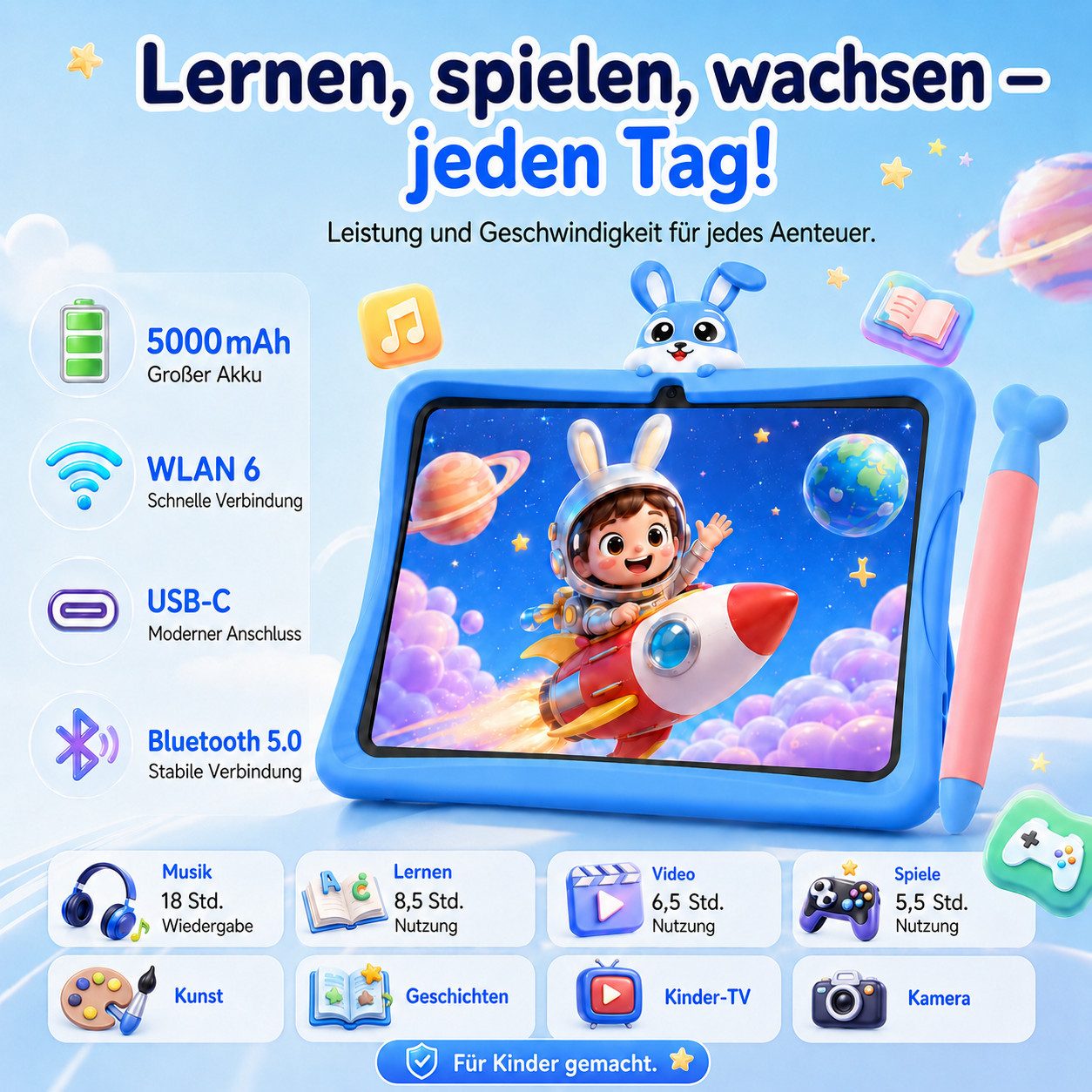 VekfulPC 10.1" 128GB Kids Tablet mit TPU-Schutzhülle/Stift/Smartwatch Tablet (10.1", 128 GB, Android16, 5000 mAh, Kindersicherung, Widevine L1, WiFi 6, Kids Spa – Bild 5 von 5
