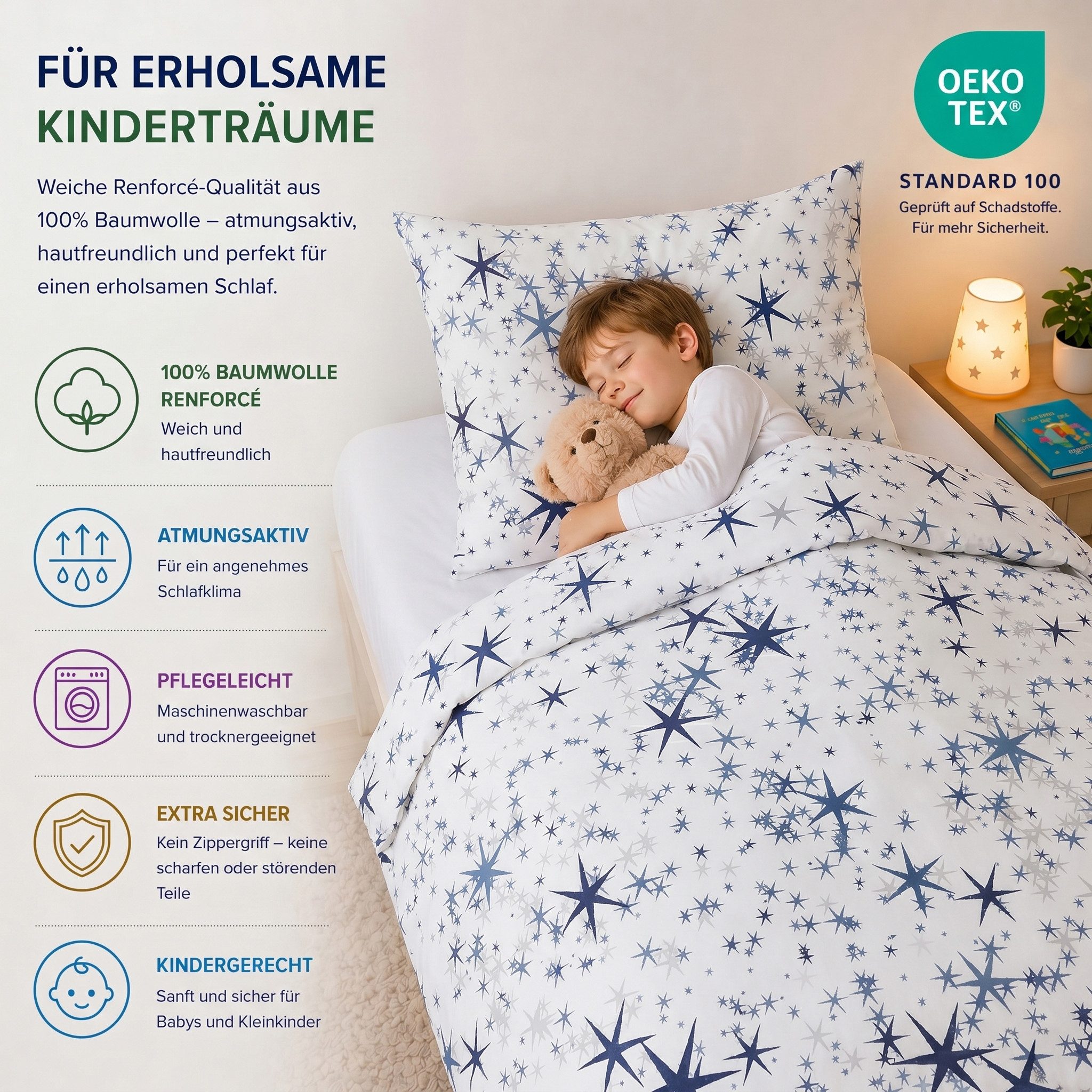 Buymax Kinderbettwäsche Etoiles Kids Stars, Renforce: 100% Baumwolle, 2 teilig, 135x200 cm, 100% Baumwolle, Reißverschluss, Sterne – Bild 2 von 5