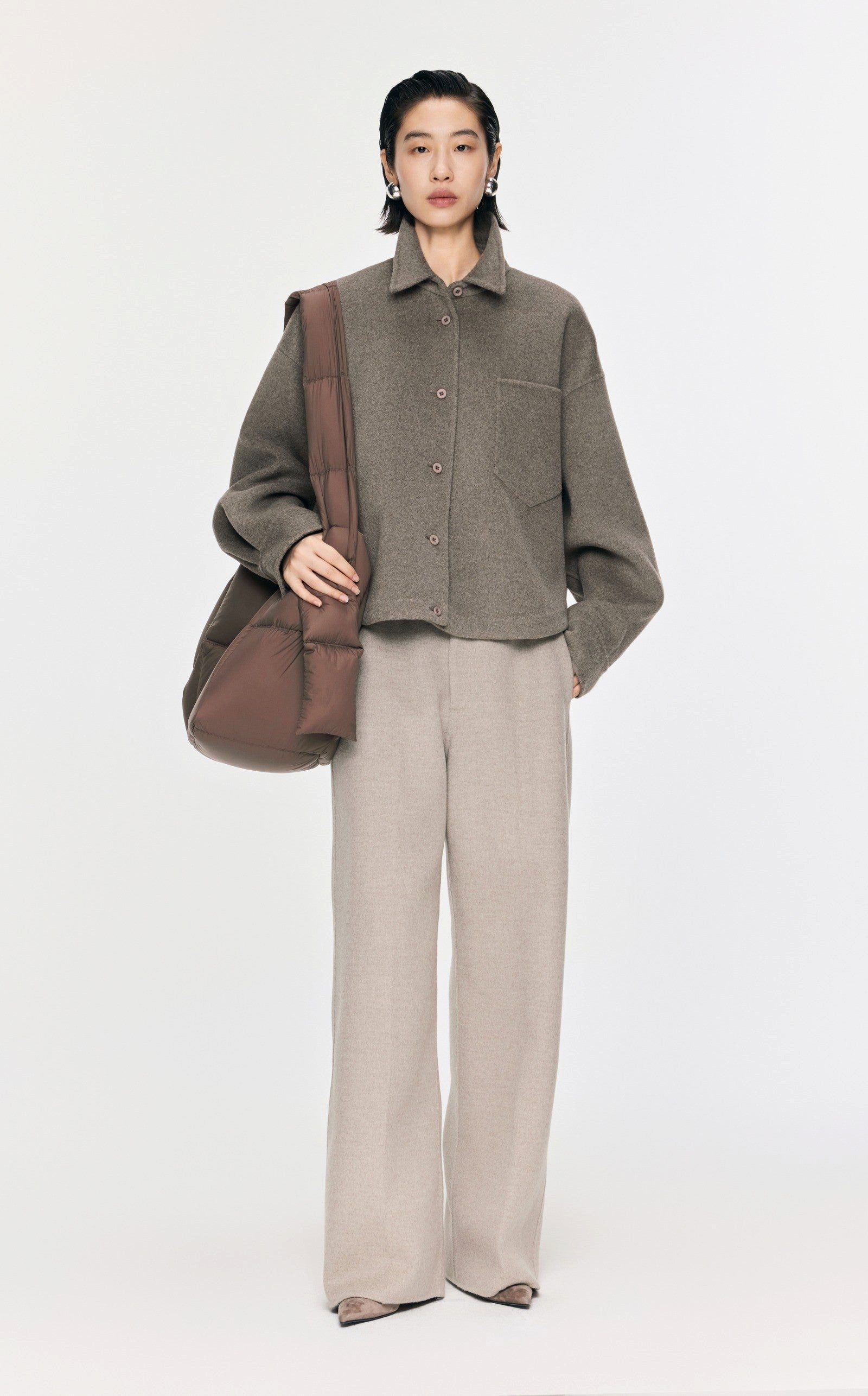 JNBY Wolljacke Damen Boxy Wolljacke mit großer Brusttasche & rundem Saum in Braun