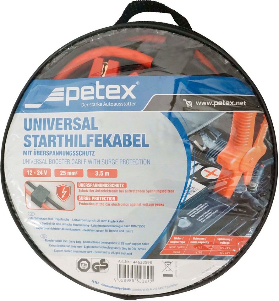 Petex Starthilfekabel, (350 cm), 25 mm², 3,5 Meter, mit Überspannungsschutz,  Nennspannung: 12 - 24 Volt
