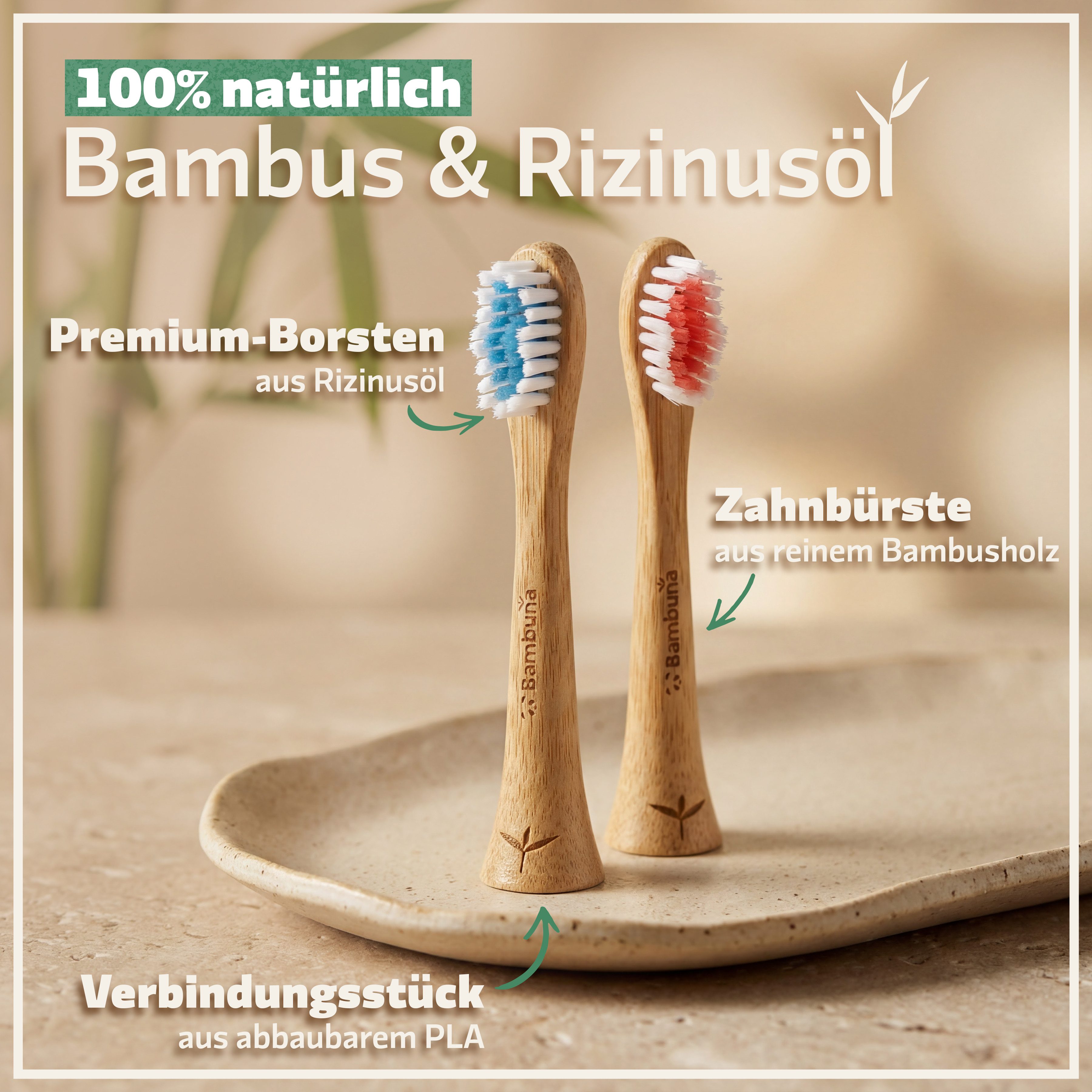Bambuna Aufsteckbürsten Sonicare Ersatzbürsten aus Bambus, passend für Philips Sonicare Schallzahnbürste - plastikfrei & biologisch abbaubar, Spar-Set, B2 Optimal White mit Tripleclean-Borstenprofil - Mittelweiche Borsten