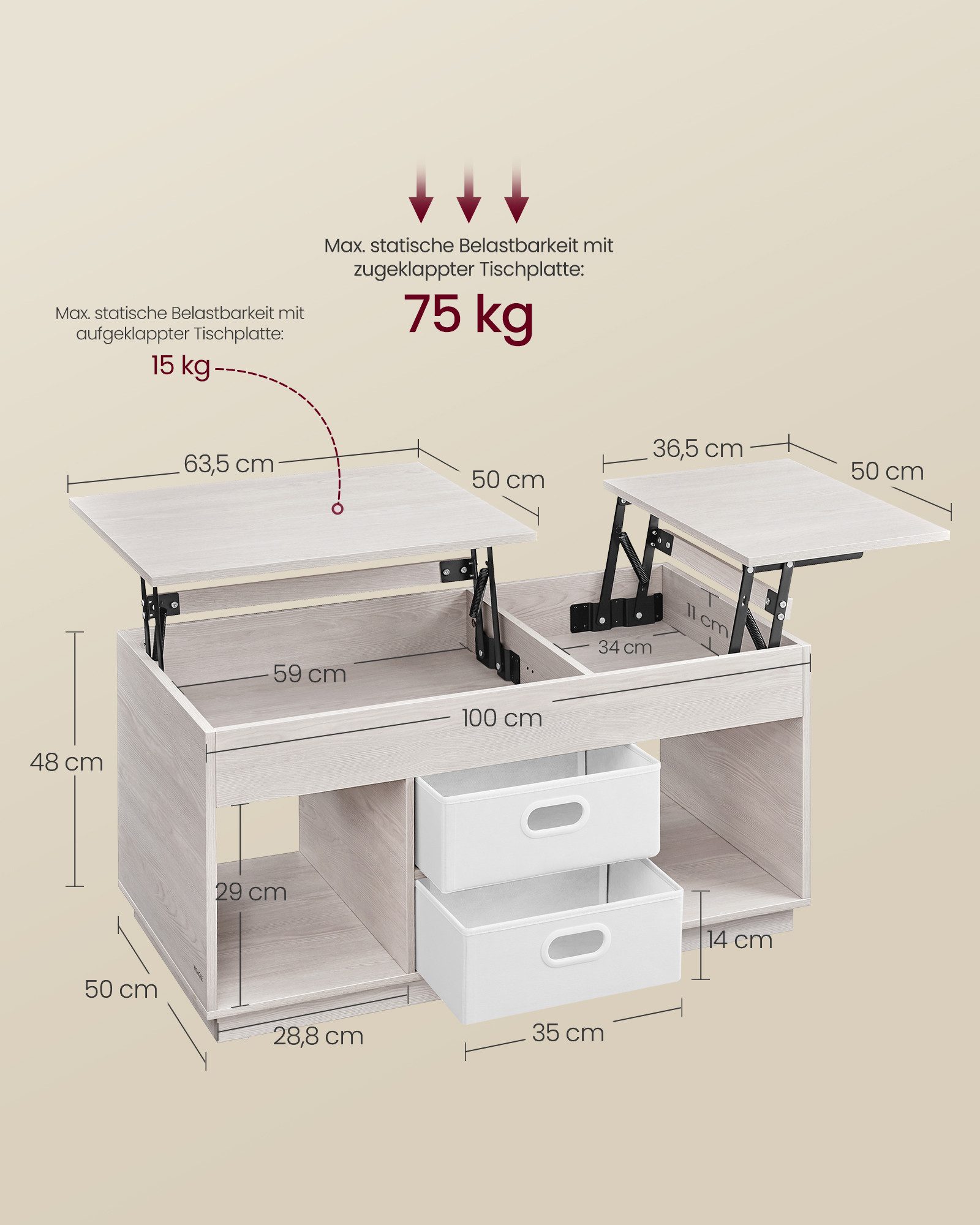 VASAGLE Couchtisch höhenverstellbarer Wohnzimmertisch, für Wohnzimmer, Homeoffice (inkl. Zubehörpaket & Anleitung), 2 Schubladen und versteckte Fächer, Kaffeeti – Bild 3 von 5