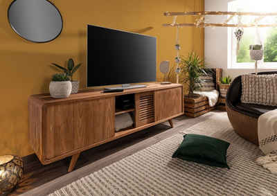 Massivmoebel24 TV-Board »BUTON« (180x45x60 Teak montiert, massives TV-Board mit Schiebetür im Boho Stil), 2x Aussparung (oben und unten) für Kabelführung, 3 Schiebetüren, herausnehmbare Einlegeböden