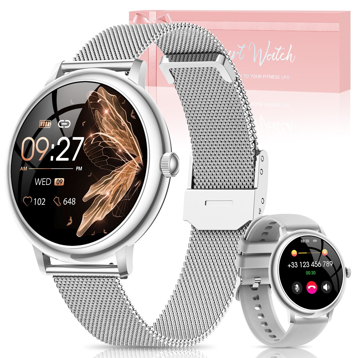 BANLVS 2025 Neue Smartwatch Damen Rund mit Telefonfunktion Fitnesstracker Smartwatch (1.19 Zoll) Set, mit Wechselband aus weichem Silikon und Ladekabel, 120+ Sportmodi/Herzfrequenz/SpO2/Schlafmonitor/Menstruationszyklus