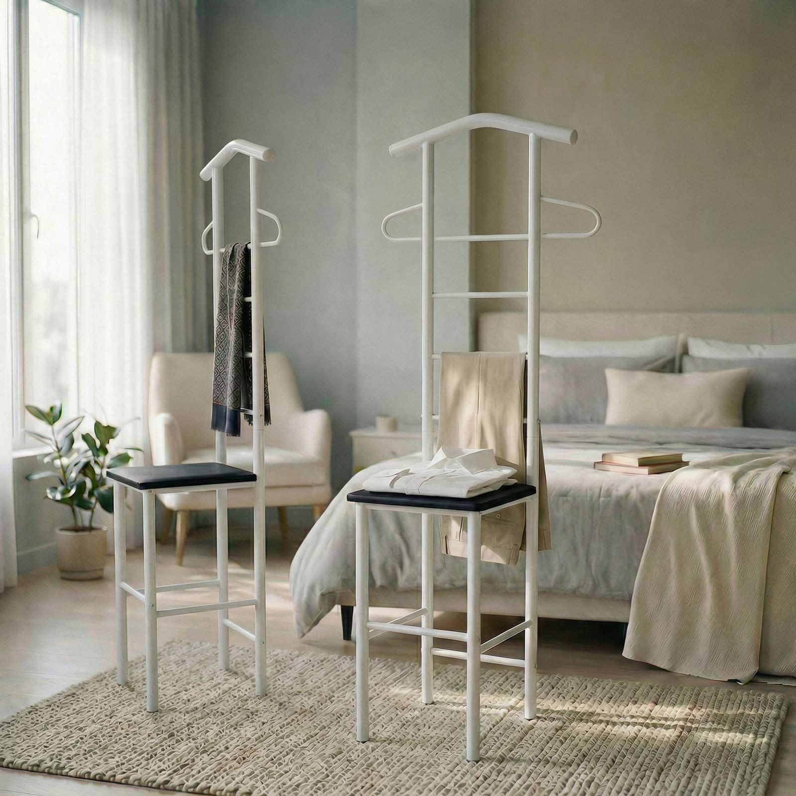 CARO-Möbel Herrendiener JIVO, Stummer Diener 2er Set mit Hosenbügel Kleiderablage weiß/schwarz