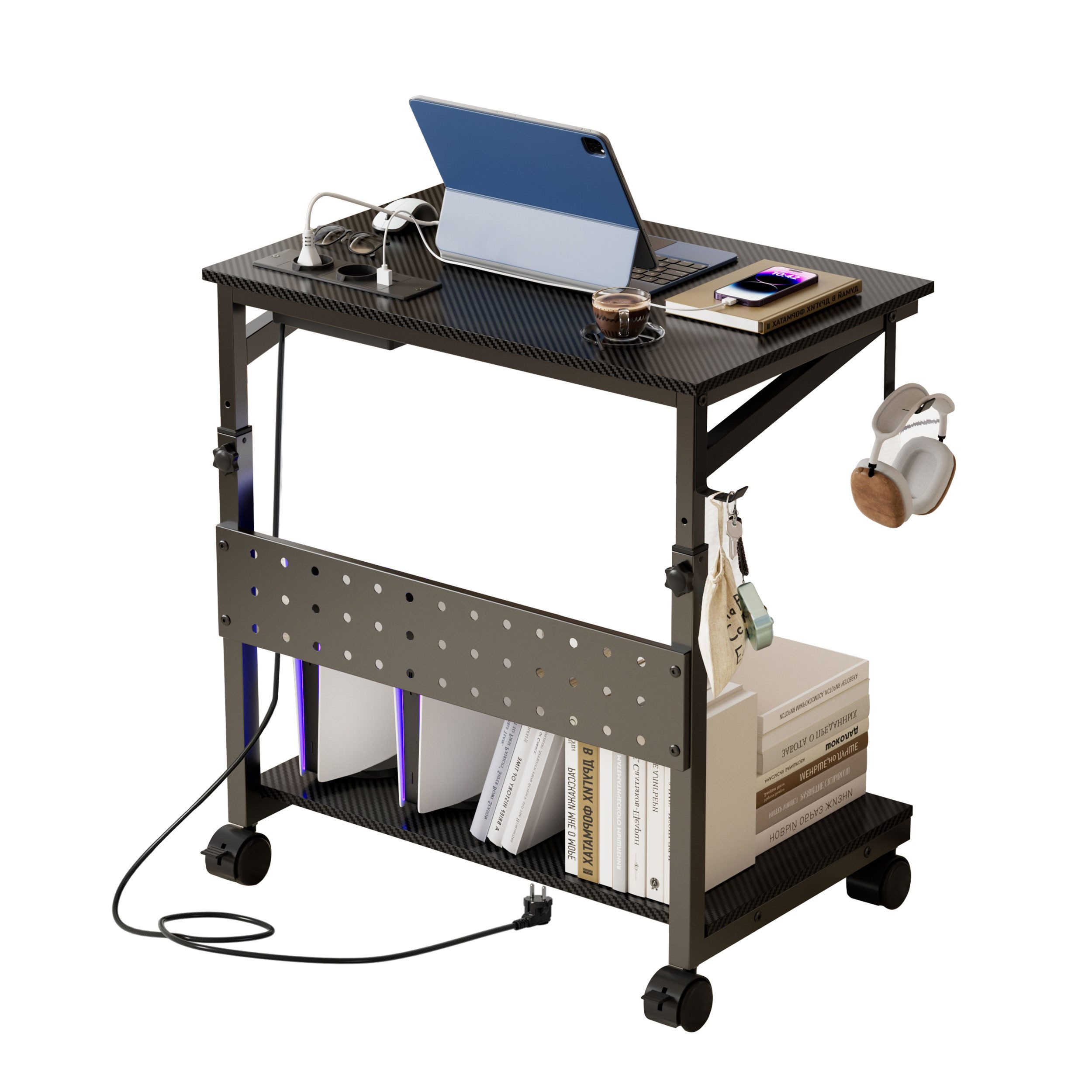 Beistelltisch Höhenverstellbarer Laptoptisch mit Rollen Ladestation, Couchtisch