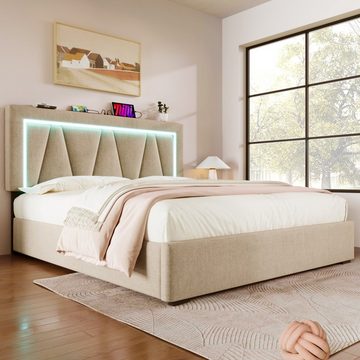 Ulife Polsterbett Doppelbett Stauraumbett Jugendbett mit Hydraulisch, USB Typ C Ladefunktion und LED-Beleuchtung