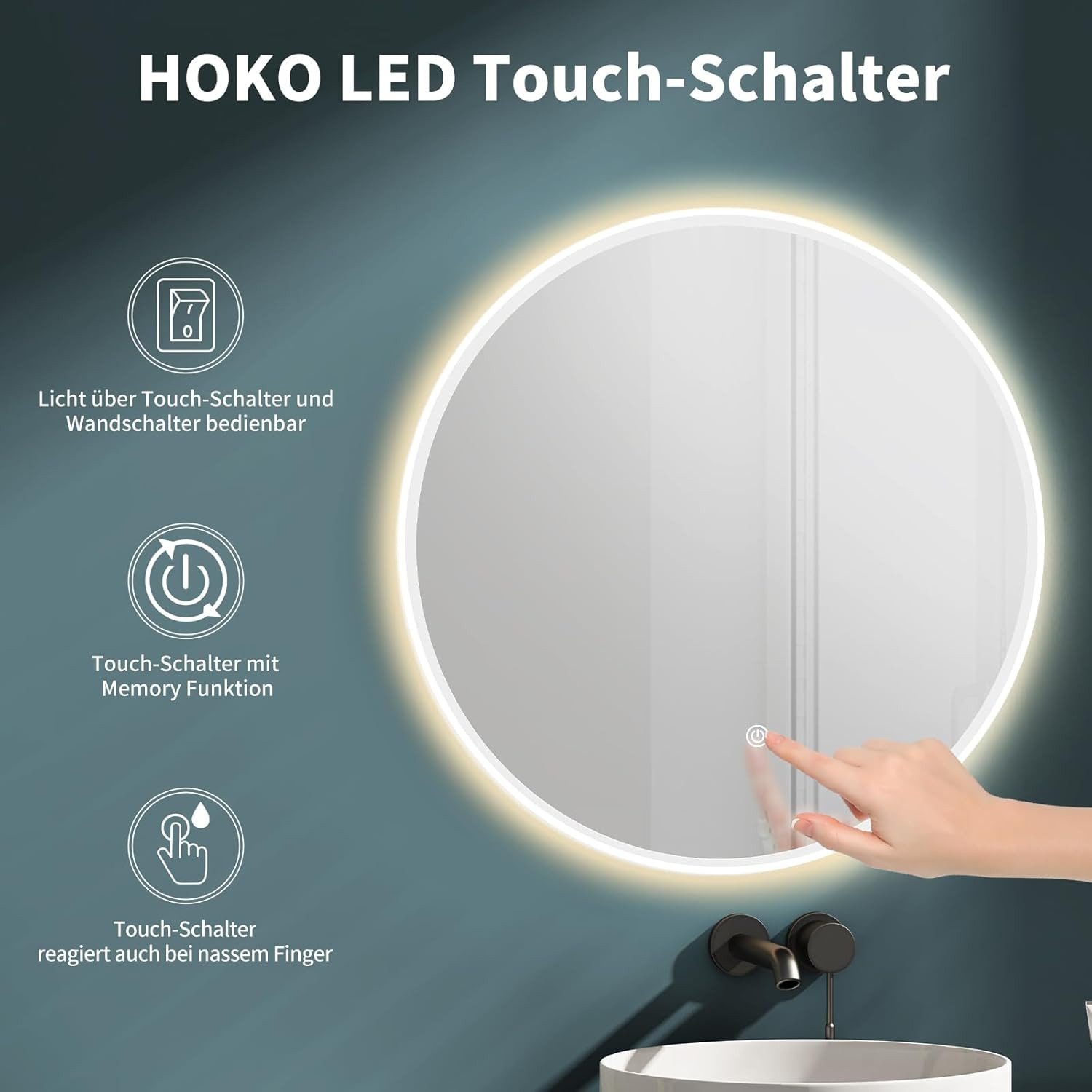 HOKO Badspiegel rund mit LED Beleuchtung und Memory Funktion (Warmweiß - Kaltweiß - Neutral. Licht mit Touch Schalter und mit Wandschalter einschaltbar. Memory-Funktion.IP44, 5mm HD Glass), LED Wandspiegel, Badezimmerspiegel, Rund Spiegel