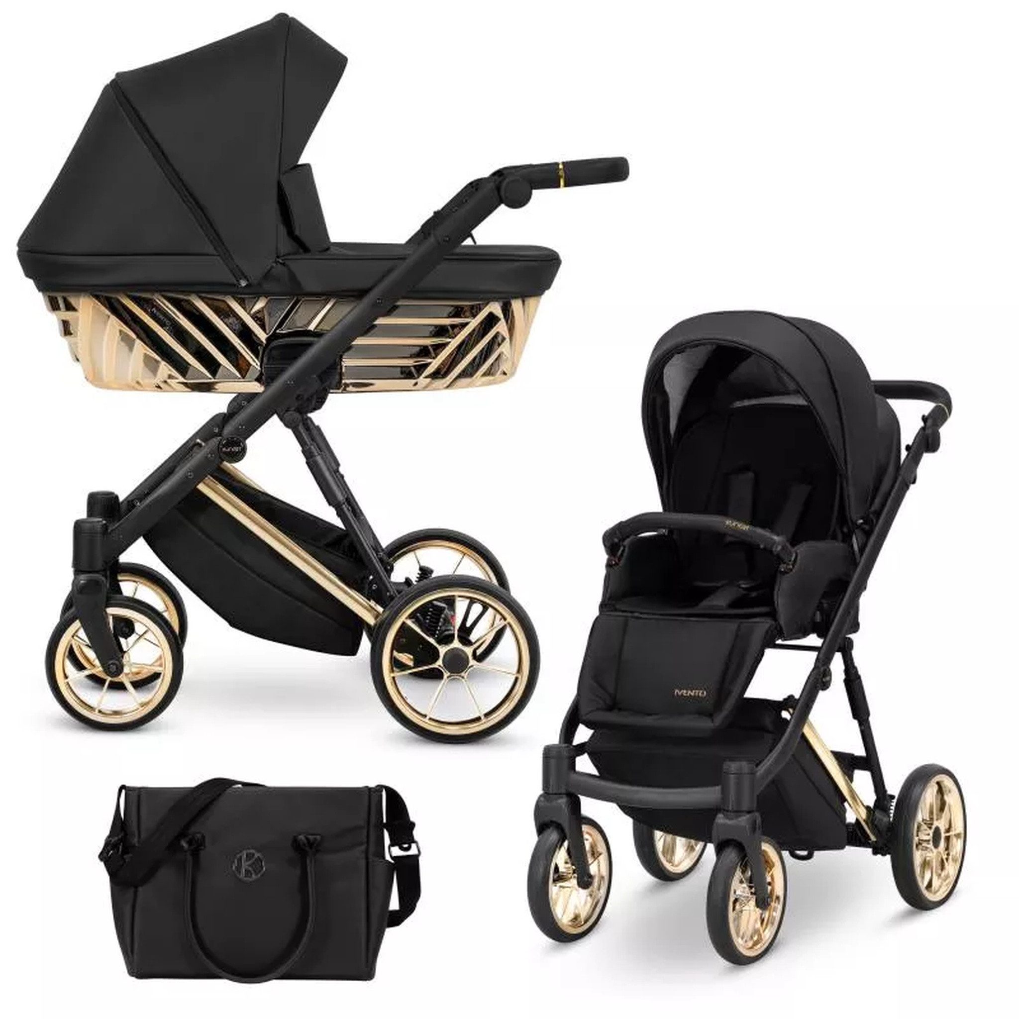 KUNERT Kombi-Kinderwagen Ivento Glam 3in1 Öko-Leder Kinderwagen mit goldenem Rahmen, 2in1-Set mit Babywanne und Sportsitz