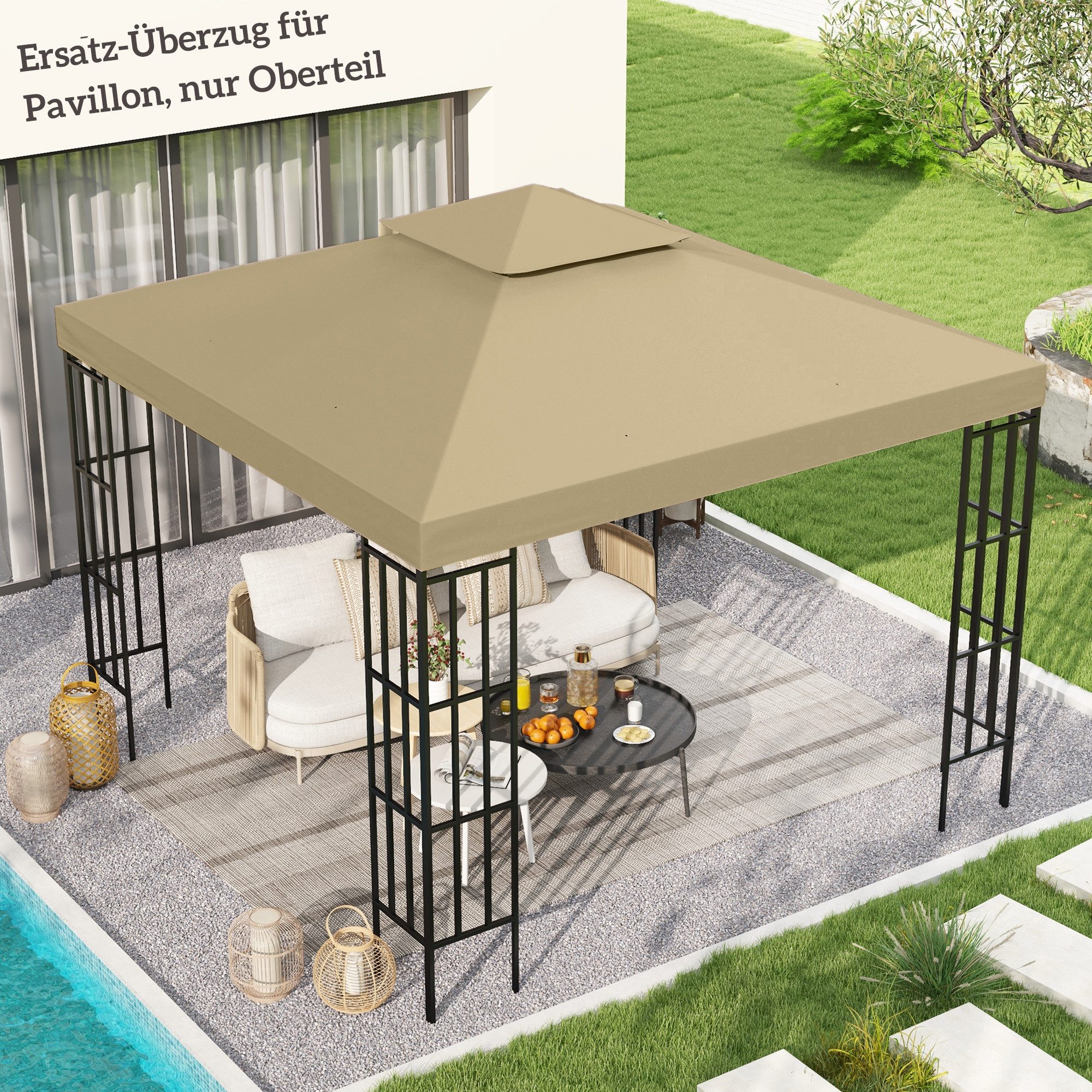 Outsunny Pavillon-Ersatzdach mit Doppeldach, Ablauflöcher, 180 g/m², 300 x 300 cm (Pavillondach, Ersatzbezug), für Gartenpavillon Gartenzelt Beige