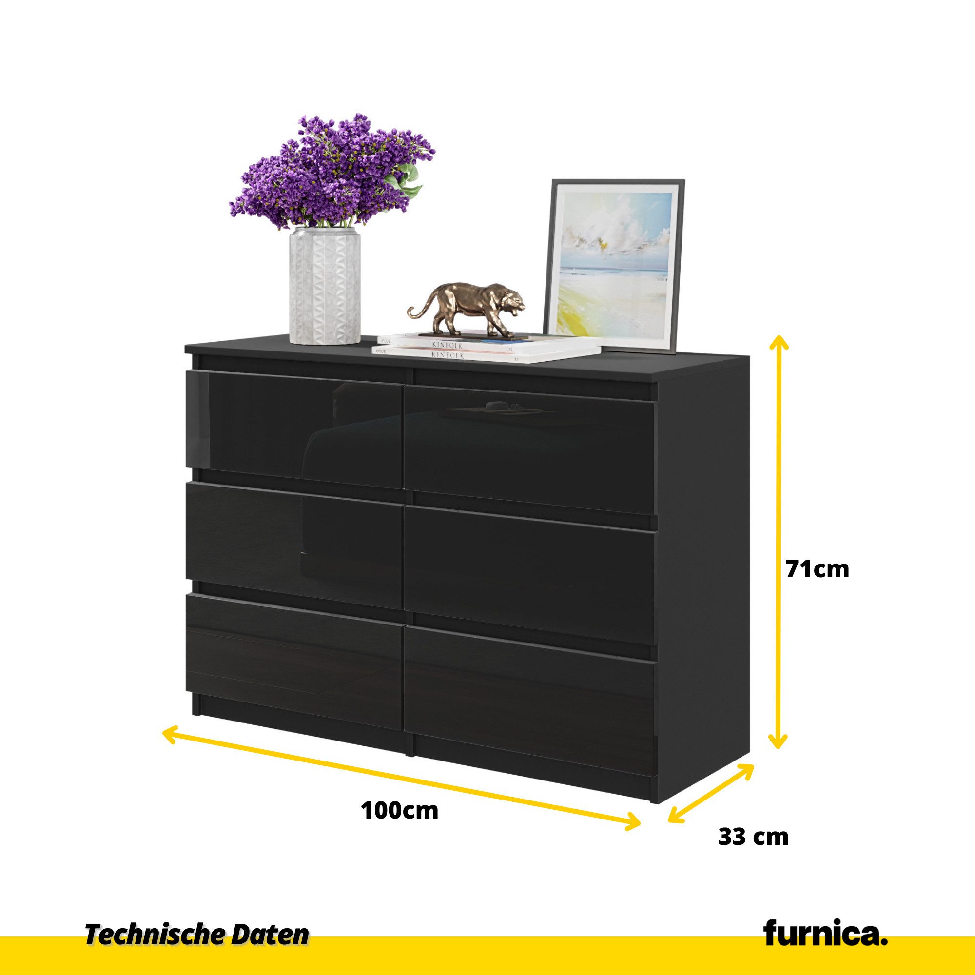 Furnica Kommode GABRIEL 6 Schubladen - Anthrazit Grau H70cm B100cm T33cm