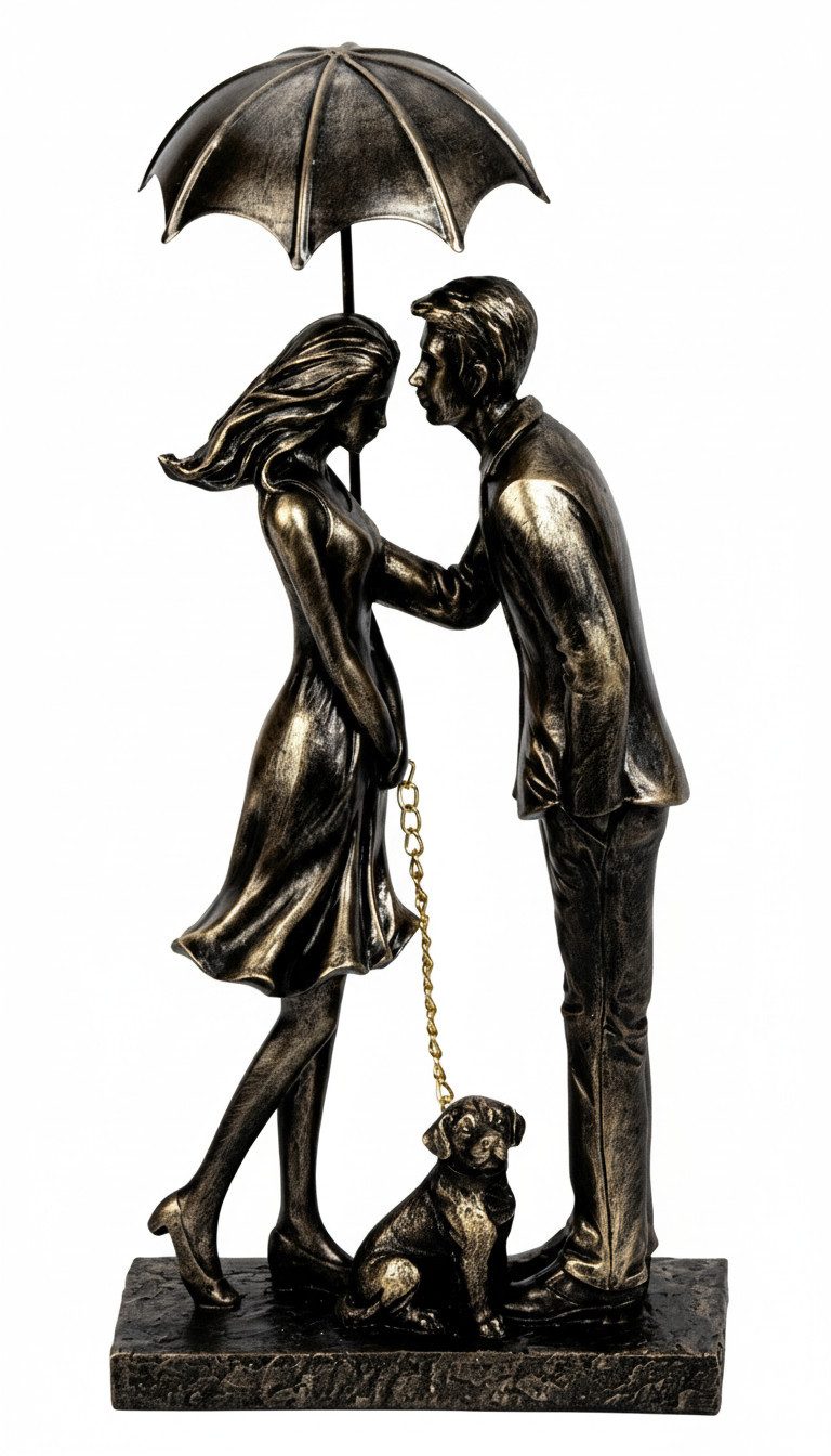 MF Dekofigur Dekofigur Paar mit Hund unter Regenschirm Gold Schwarz 32cm (1 St)