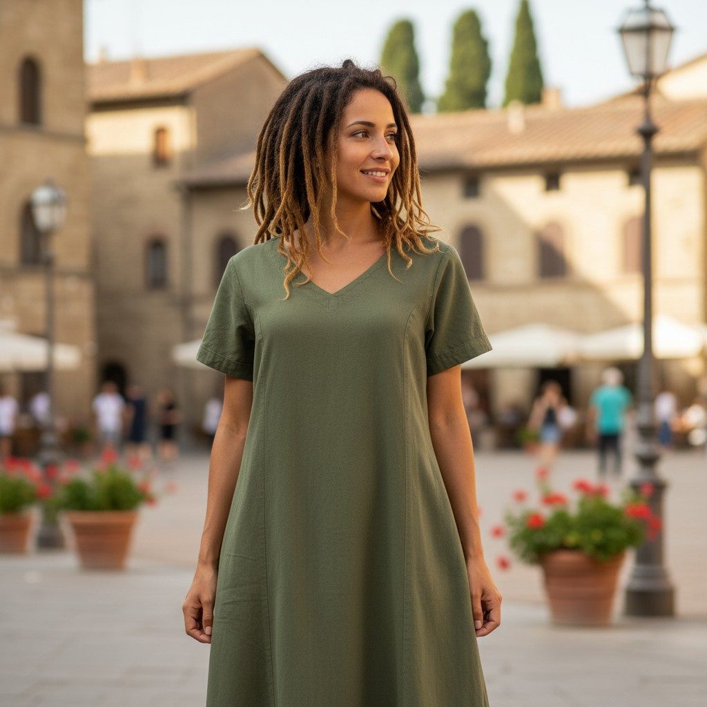 Guru-Shop Midikleid Weiches bequemes Baumwollkleid, Sommerkleid mit..