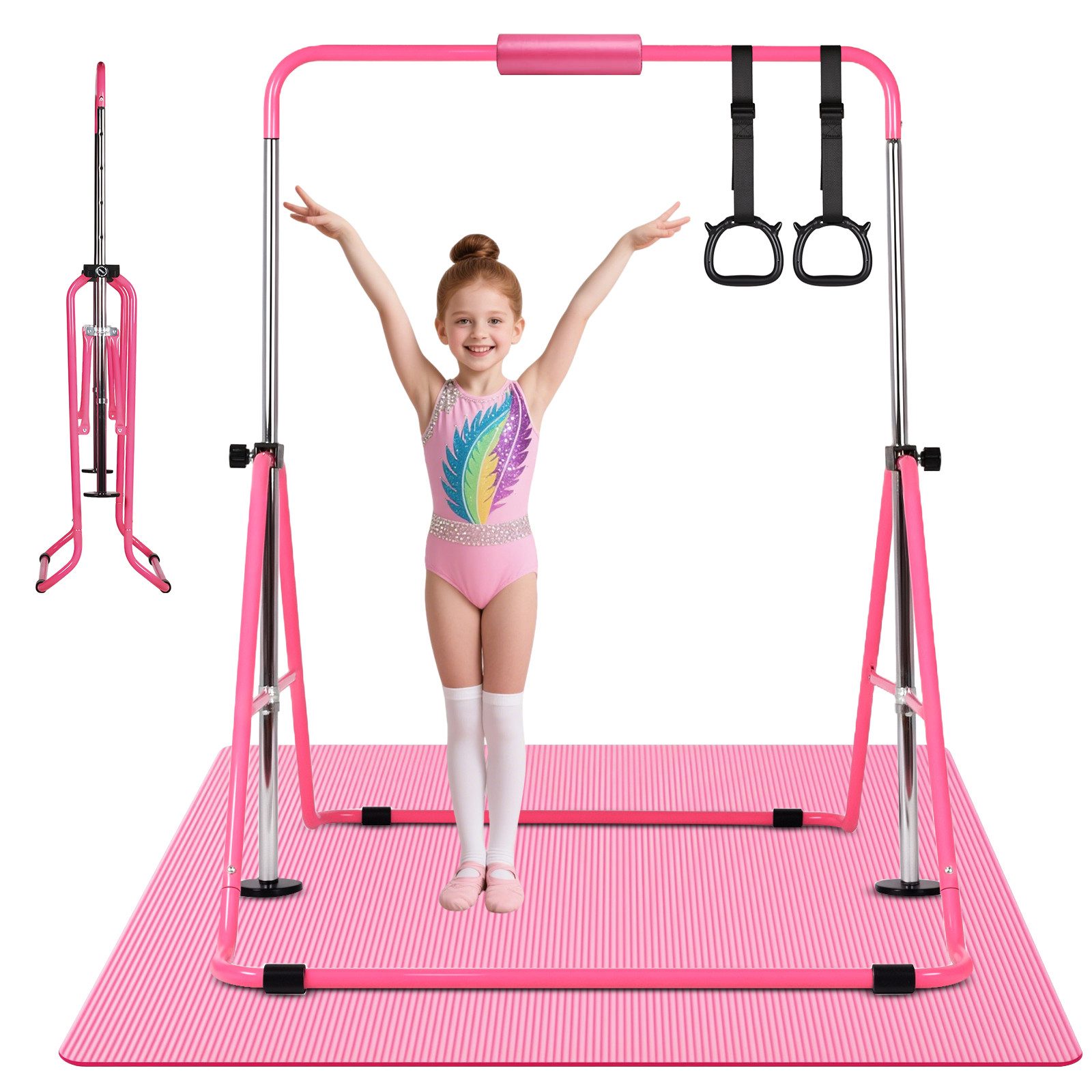 Hausright Turnreck Gymnastikstange für Kinder, Turnstange ab 3 Jahre, 88-128cm, (Gymnastikstange mit Gymnastikmatte, Reckstange, Matte, Polster, Schaukel & 2 Ringen), Verstellbaren Höhen Faltbare Reckstange Reckanlage