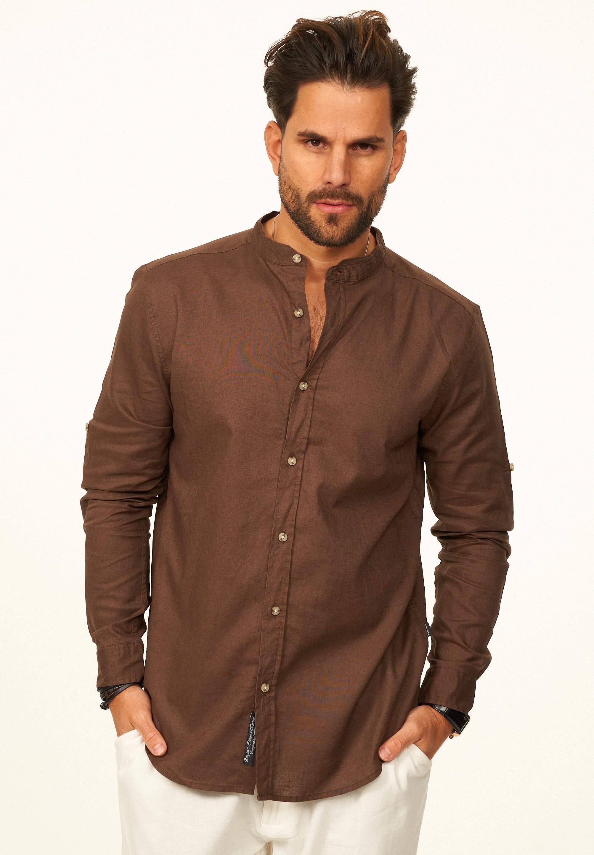 behype Langarmhemd aus Leinen im Regular-Fit Sommerhemd Herren Leinenhemd Freizeithemd mit Stehkragen & Krempelfunktion