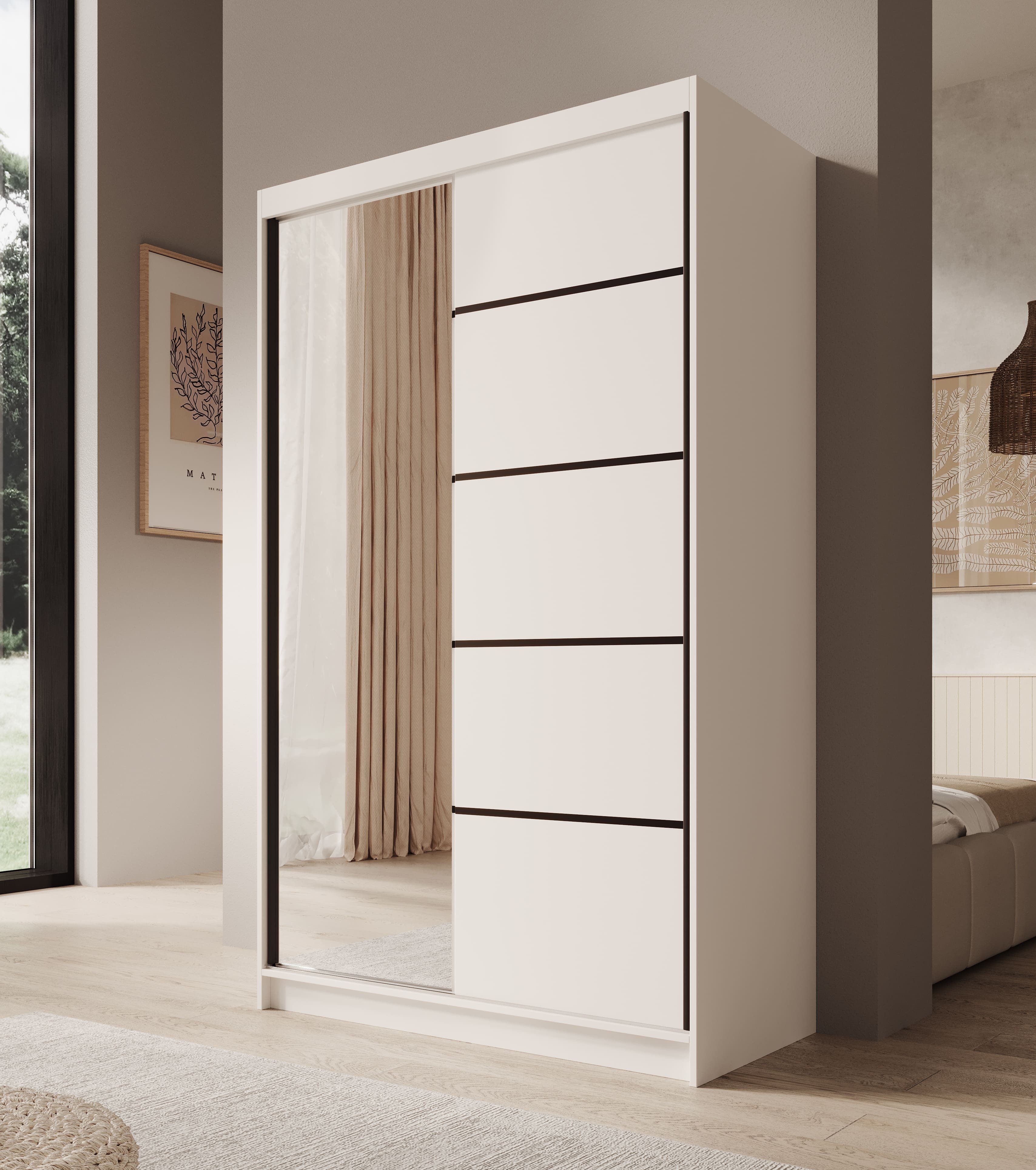 MOEBLO Schiebetürenschrank AVELLA 120 (Weiß/Schwarz, Spiegel, 2 Türen, geräumiger Stauraum für Schlafzimmer & Ankleidezimmer, Schwebetürenschrank 2-türig Schrank Garderobe Schiebtüren Schlafzimmer	Wohnzimmerschrank mit Spiegel) (BxHxT): 120x200x58cm