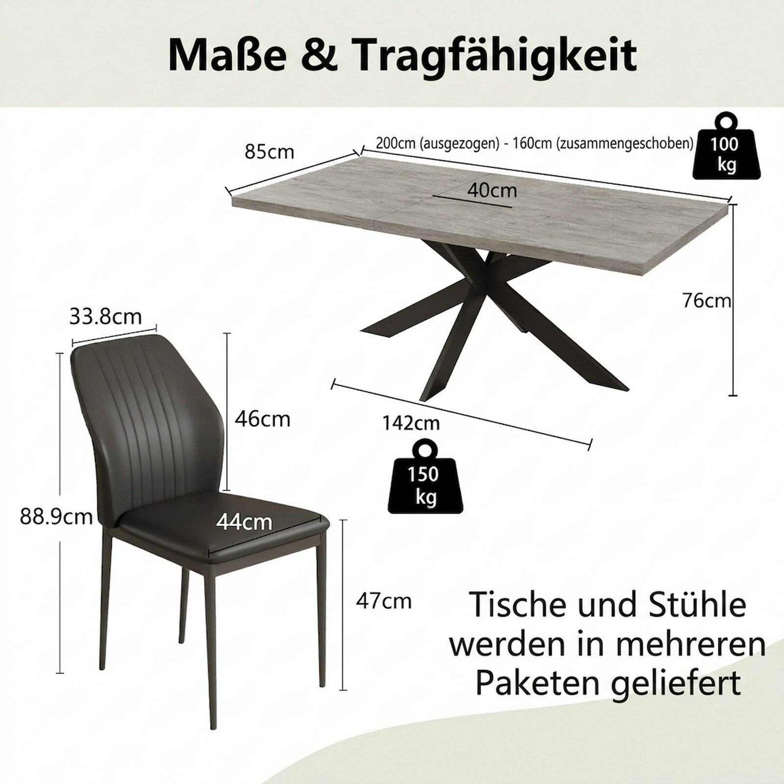 Jiexi Essgruppe Tisch-und Stuhlset, Ausziehbarer Esstisch (160–200 cm) mit 6-8 Stühlen – Bild 3 von 5