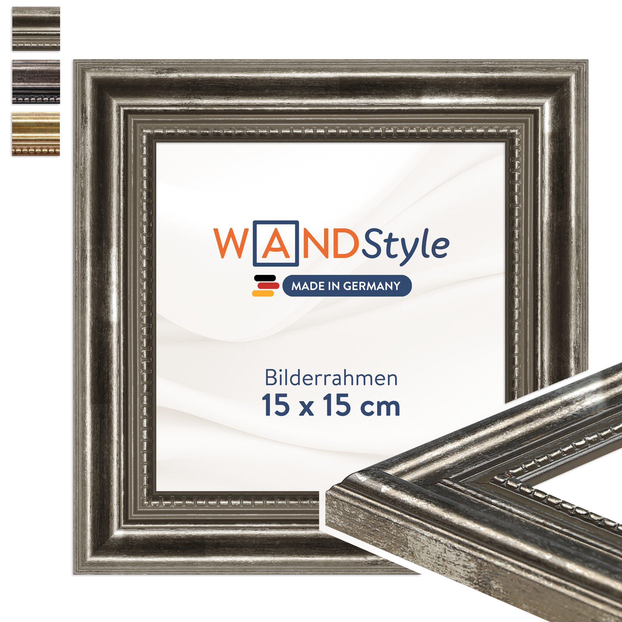 WANDStyle Einzelrahmen H450, Silber Bilderrahmen 15x15 Holz, Vintage Bilderrahmen Silber 15x15 cm