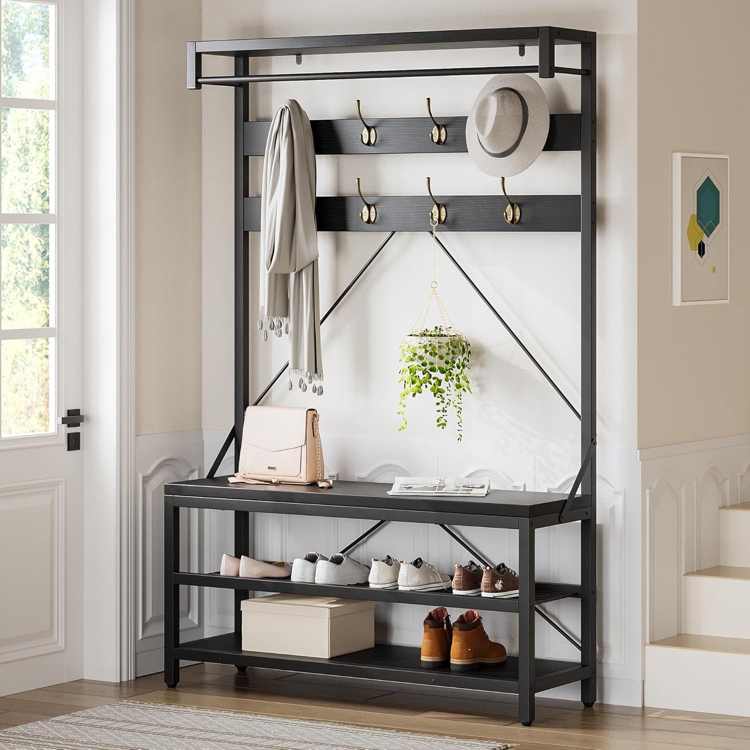 GarveeMore Garderobenständer 4-in-1 mit Sitzbank,3 Etagen Ablage und 8 Hake günstig online kaufen