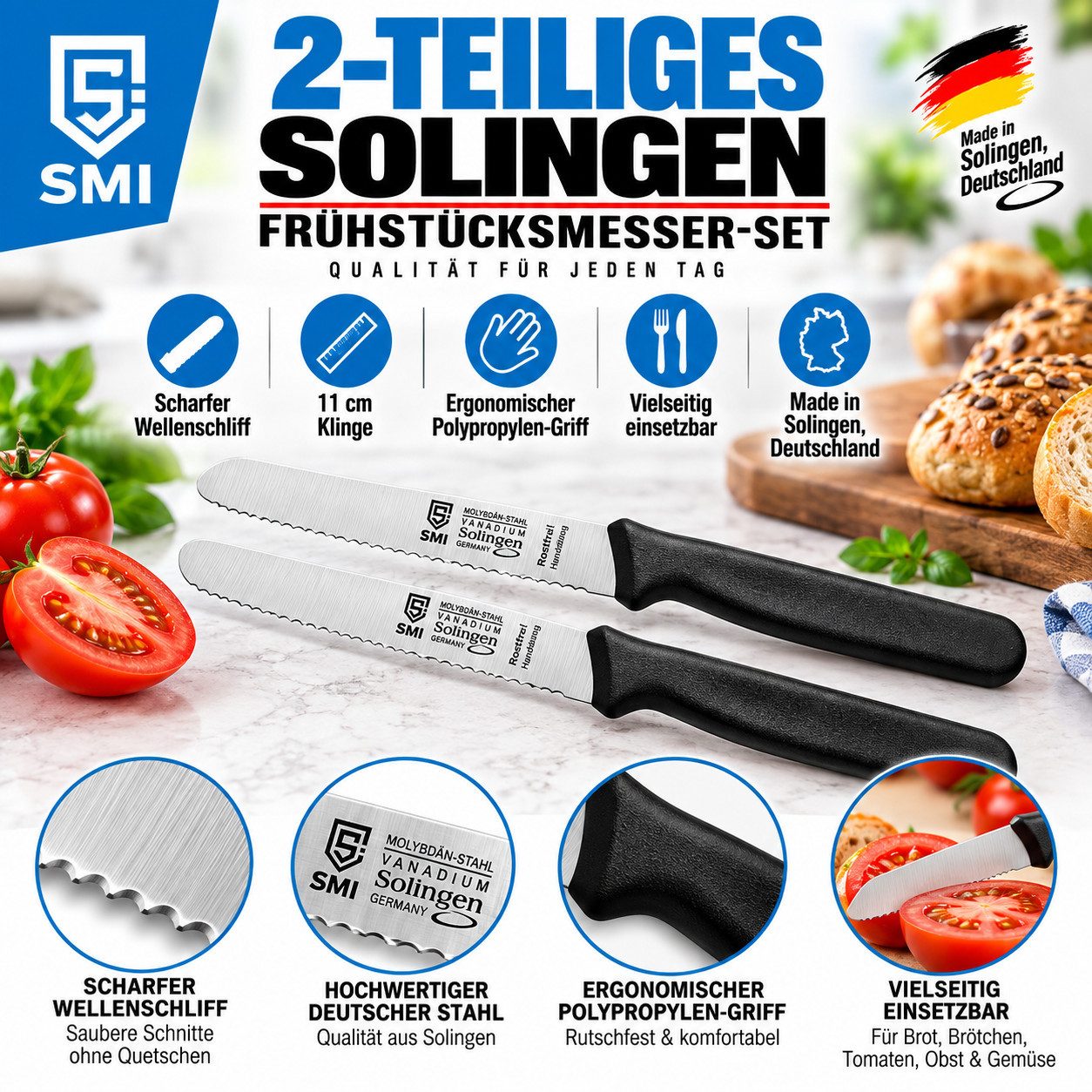 SMI Tomatenmesser 2 Stück Tomatenmesser Tischmesser Solingen Küchenmesser Wellenschliff – Bild 3 von 5