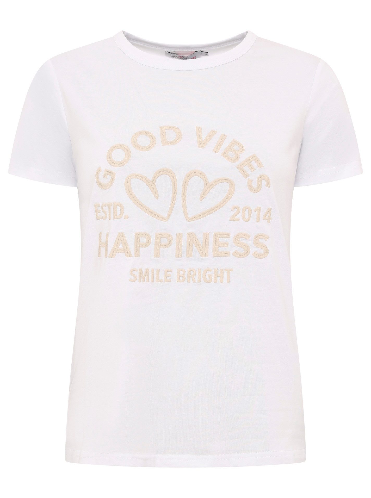 Zwillingsherz T-Shirt "Happiness Vibes" ton in ton Stickerei, kurzarm, Rundhals