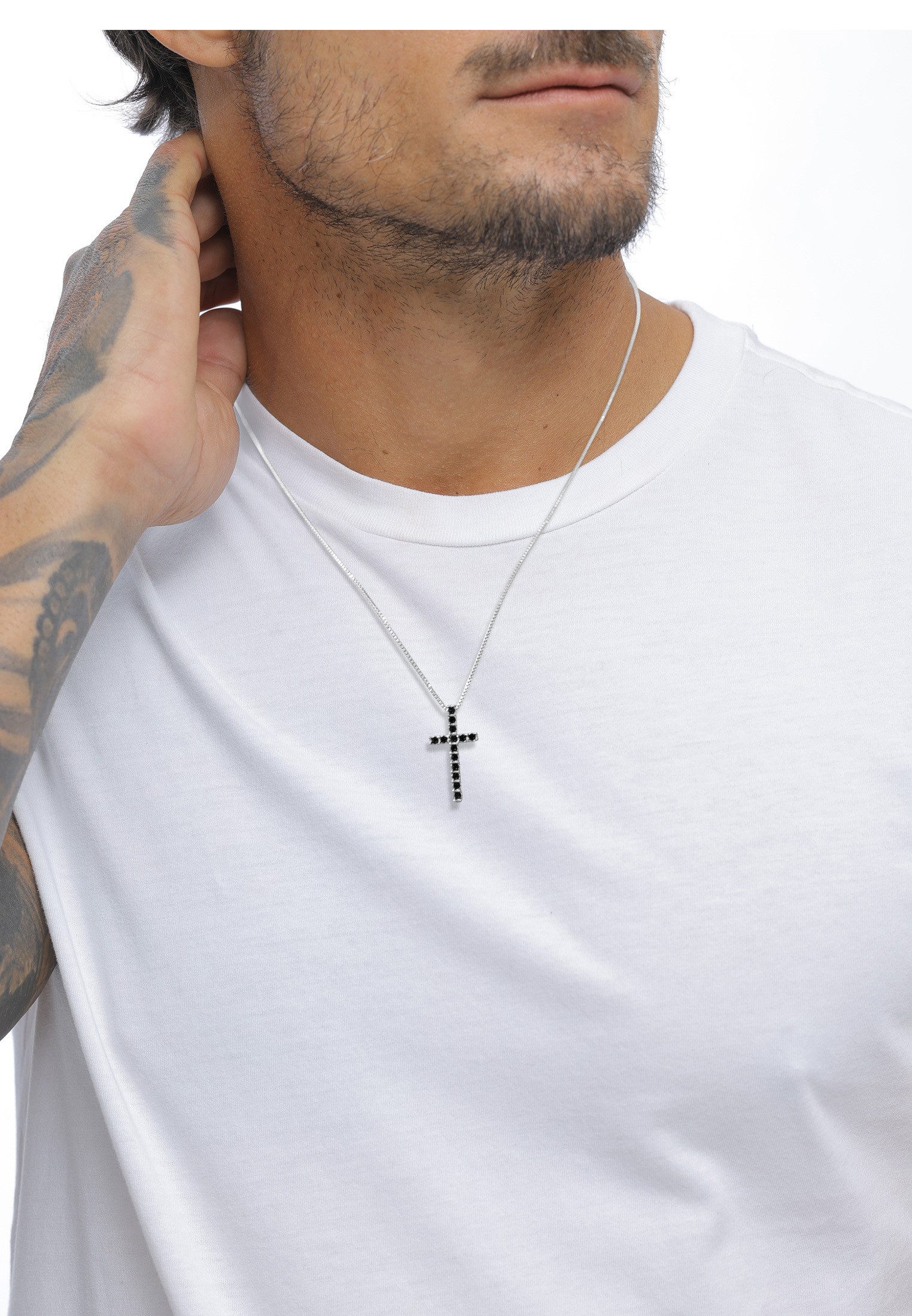 Kuzzoi Kette mit Anhänger Kreuz Glas Kristalle Schwarz 925 Sterling Silber