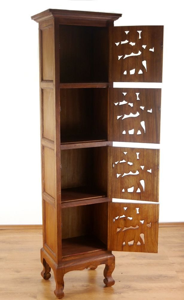 livasia Hochschrank Hochschrank Massivholz 50x40x200cm mit Elefantenschnitzerei