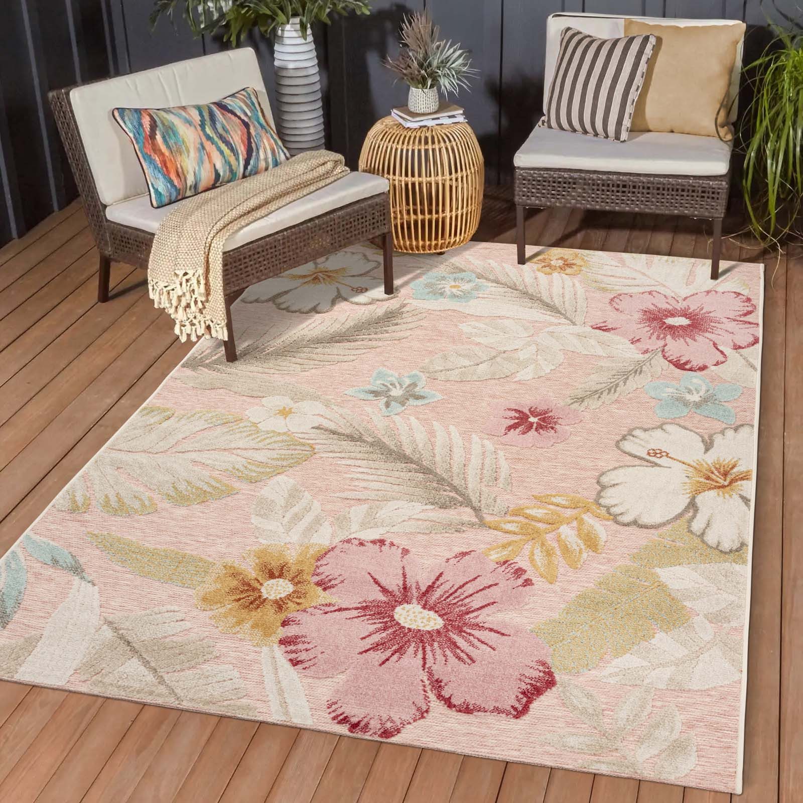 TaraCarpet Teppich TaraCarpet In und Outdoor Teppich Fantasy Blossom, rechteckig, Höhe: 5 mm, Blüten rose Wohnzimmer Balkon Terrasse Esszimmer 200X290