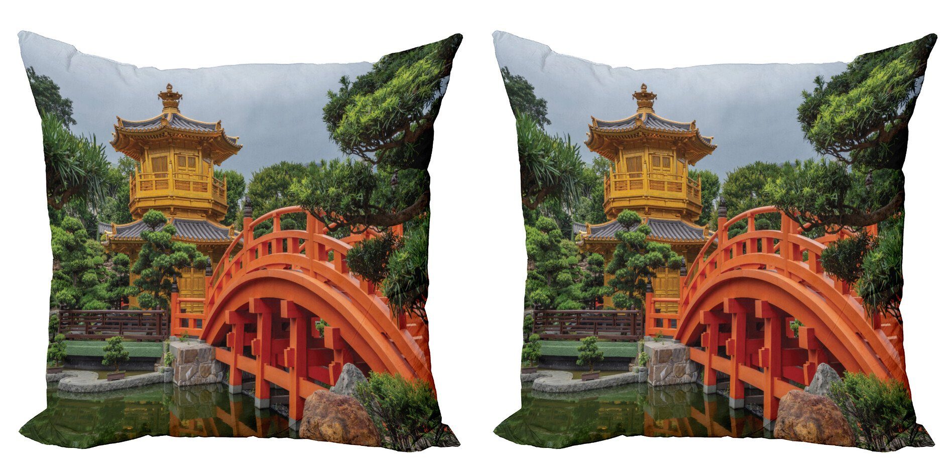 Kissenbezüge Modern Accent Doppelseitiger Digitaldruck, Abakuhaus (2 Stück), Zen Garten Pavilion in Forest