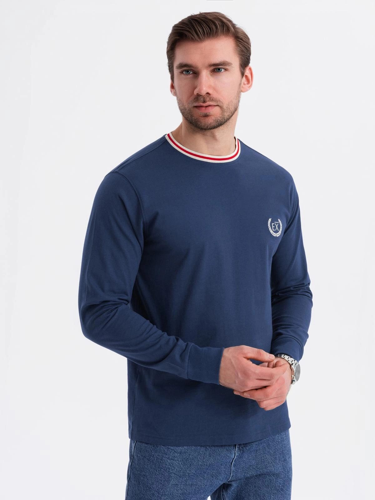 OMBRE Longsleeve Longsleeve aus Baumwolle mit U-Streifen-Ausschnitt und Stickerei