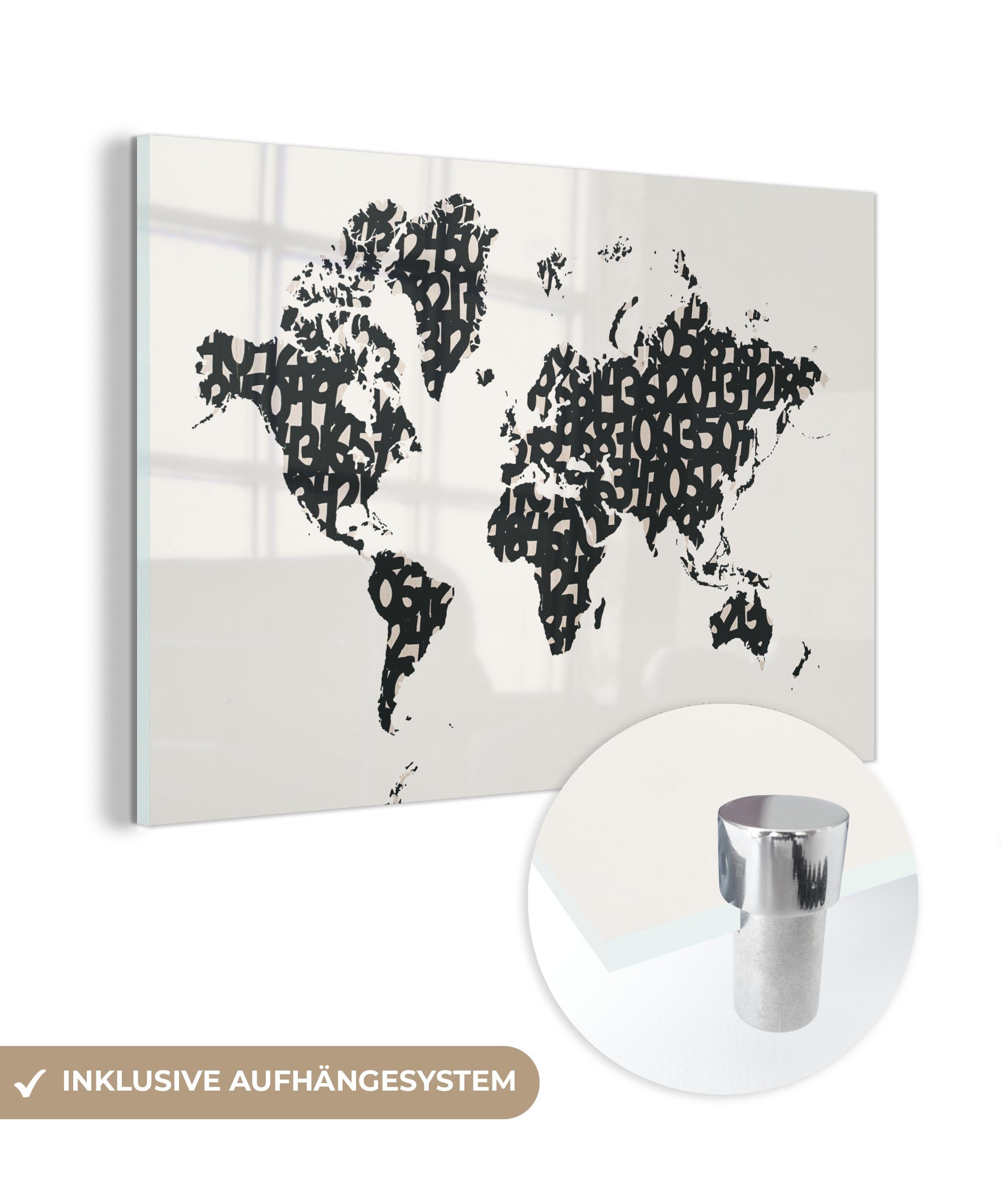 MuchoWow Acrylglasbild Weltkarte - Zahlen - Weiß, (1 St), Glasbilder - Bilder auf Glas Wandbild - Foto auf Glas - Wanddekoration
