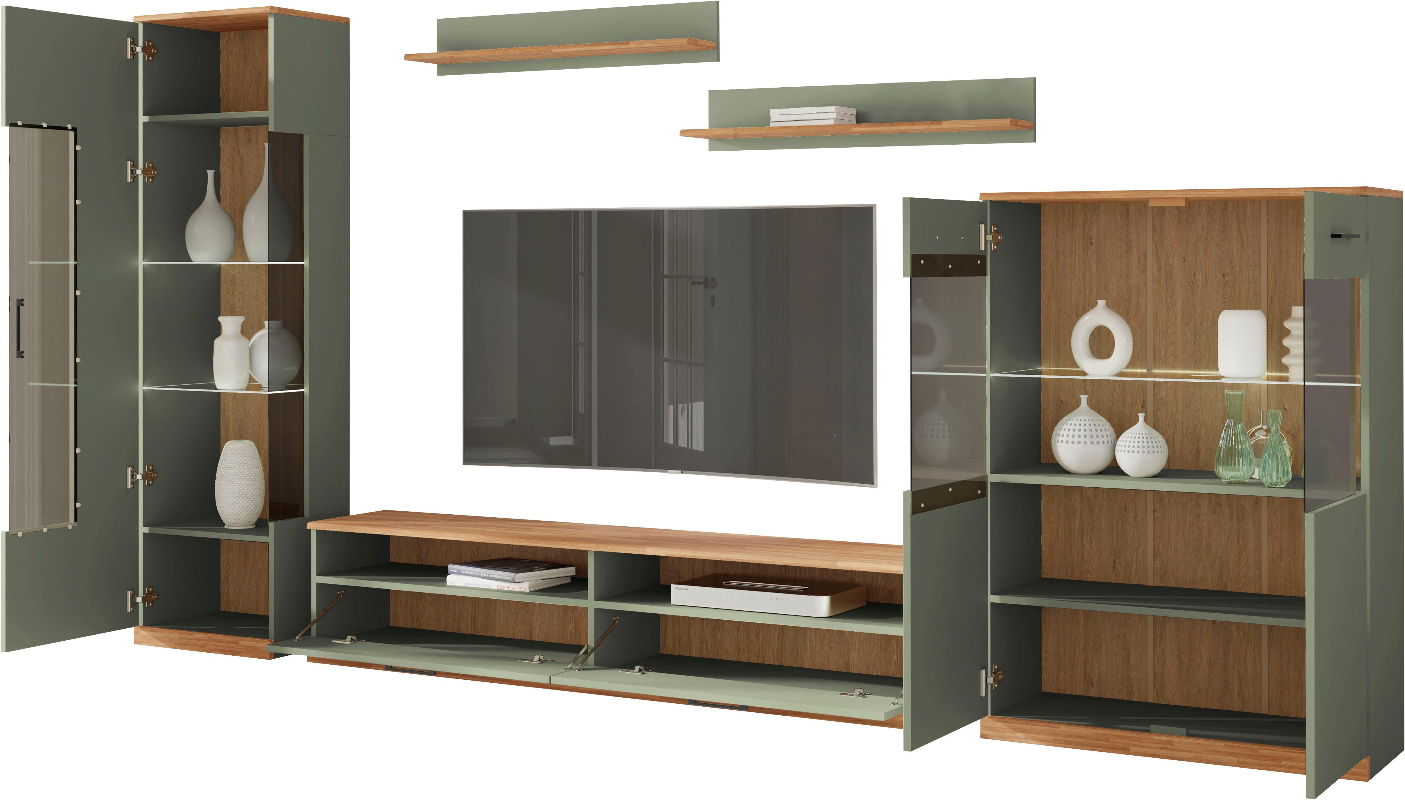 Home affaire Wohnwand Ribe,Set-5 St.,Oberplatten Eiche massiv,viel Stauraum, (5-St), Glaseinsatz aus gehärtetem Glas,Böden teilweise versetzbar