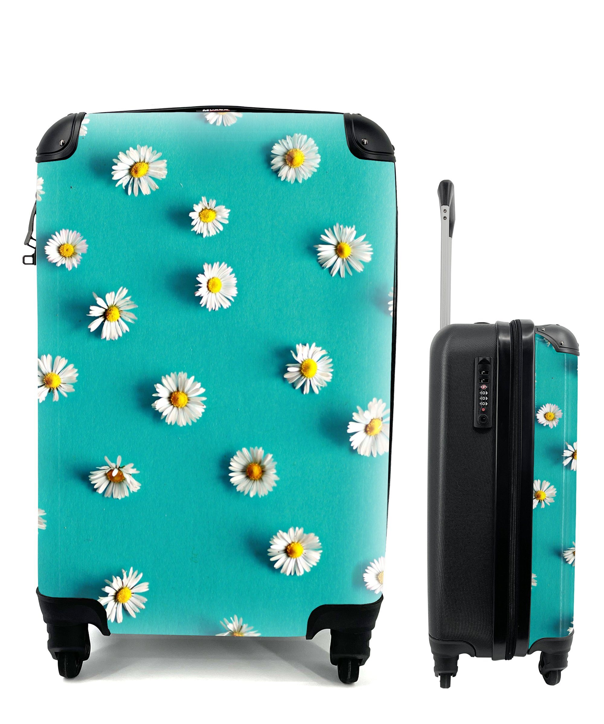 MuchoWow Handgepäckkoffer Gänseblümchen auf Blau, 4 Rollen, Reisetasche mit rollen, Handgepäck für Ferien, Trolley, Reisekoffer