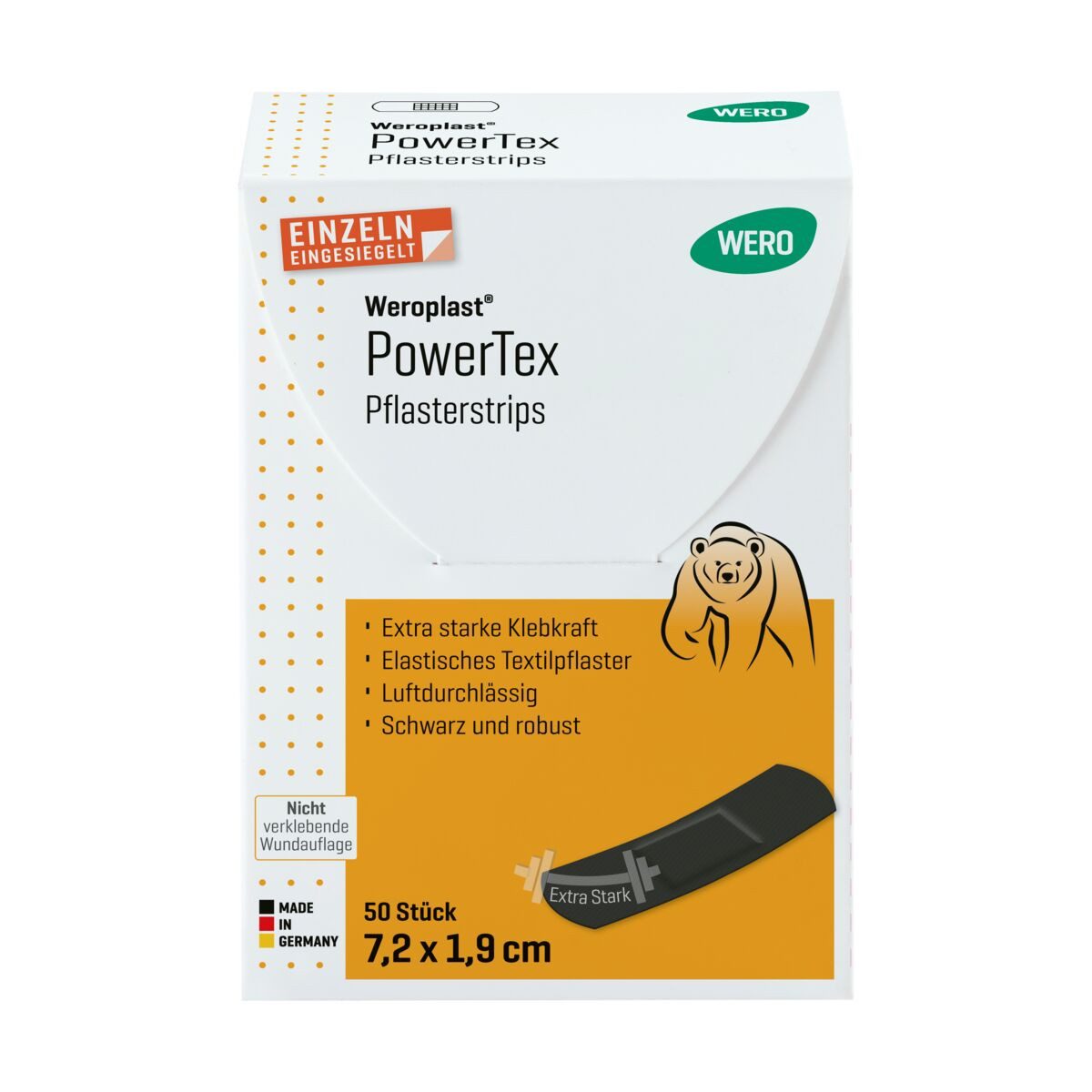 Weroplast® Wundpflaster PowerTex Pflasterstrips - verstärkte Klebkraft, zuverlässig & robust (50 St), Pflasterstrips